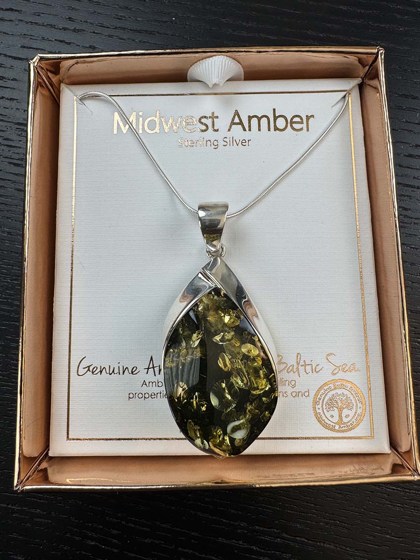 Handmade Green Baltic Amber Ombré Artistic Pendant - Sterling Silver - Choice of Chain