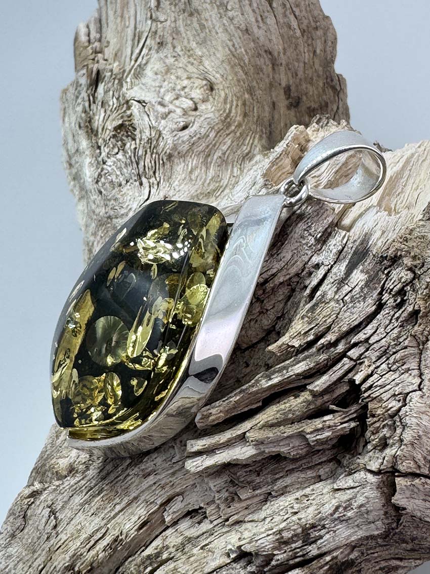 Handmade Green Baltic Amber Ombré Artistic Pendant - Sterling Silver - Choice of Chain