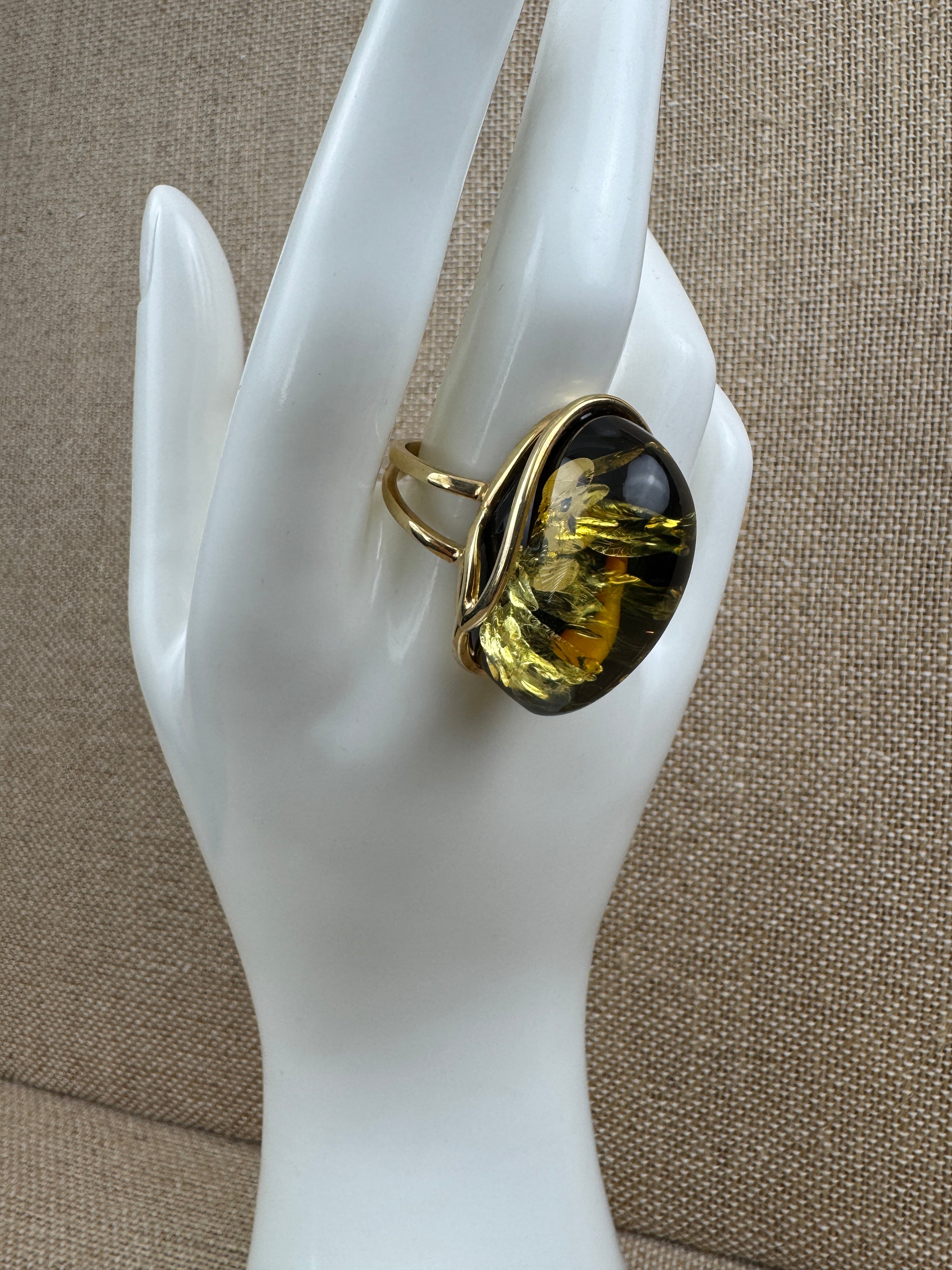 Handmade Green Baltic Amber Ombre Ring – Adjustable Gold Plated Sterling Silver Statement Ring – Genuine Baltic Amber Jewelry from Poland