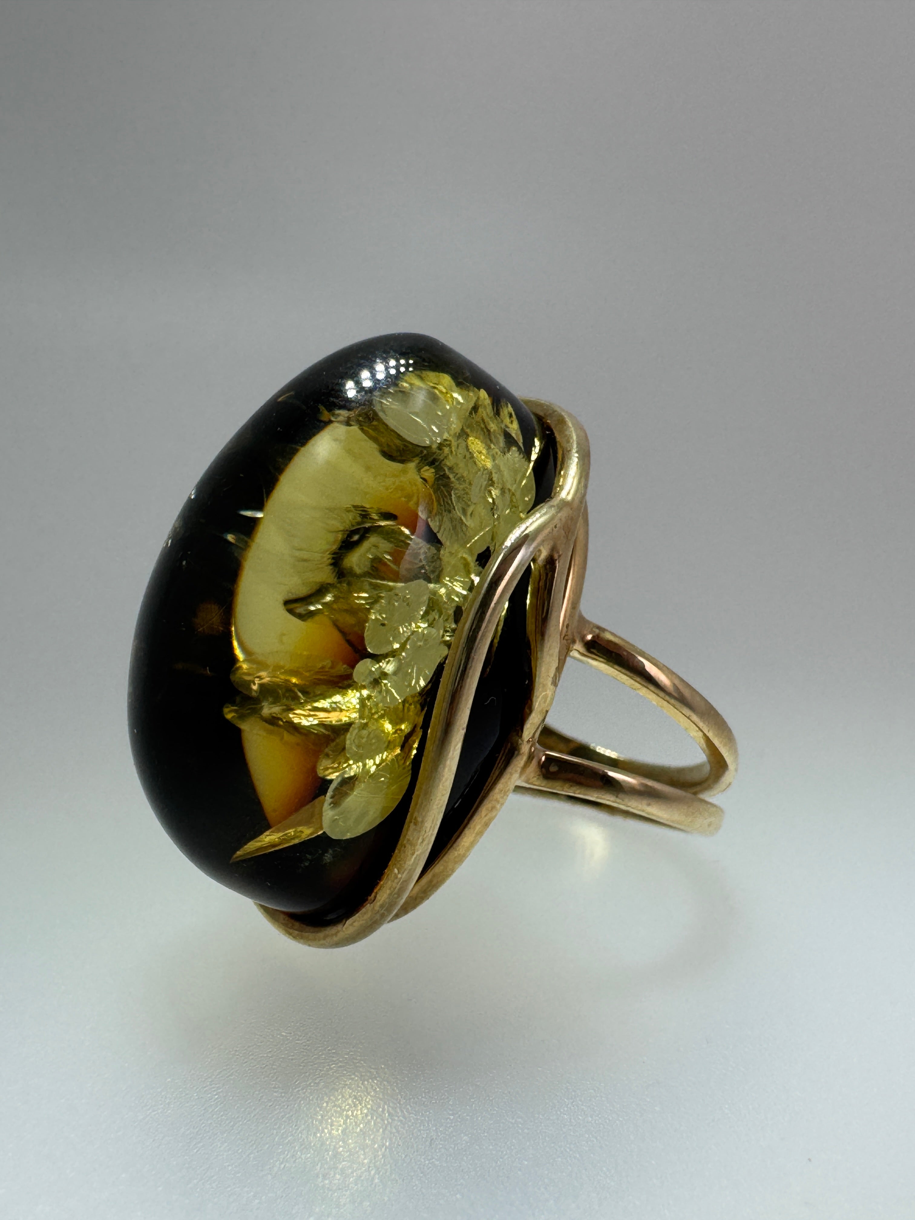 Handmade Green Baltic Amber Ombre Ring – Adjustable Gold Plated Sterli