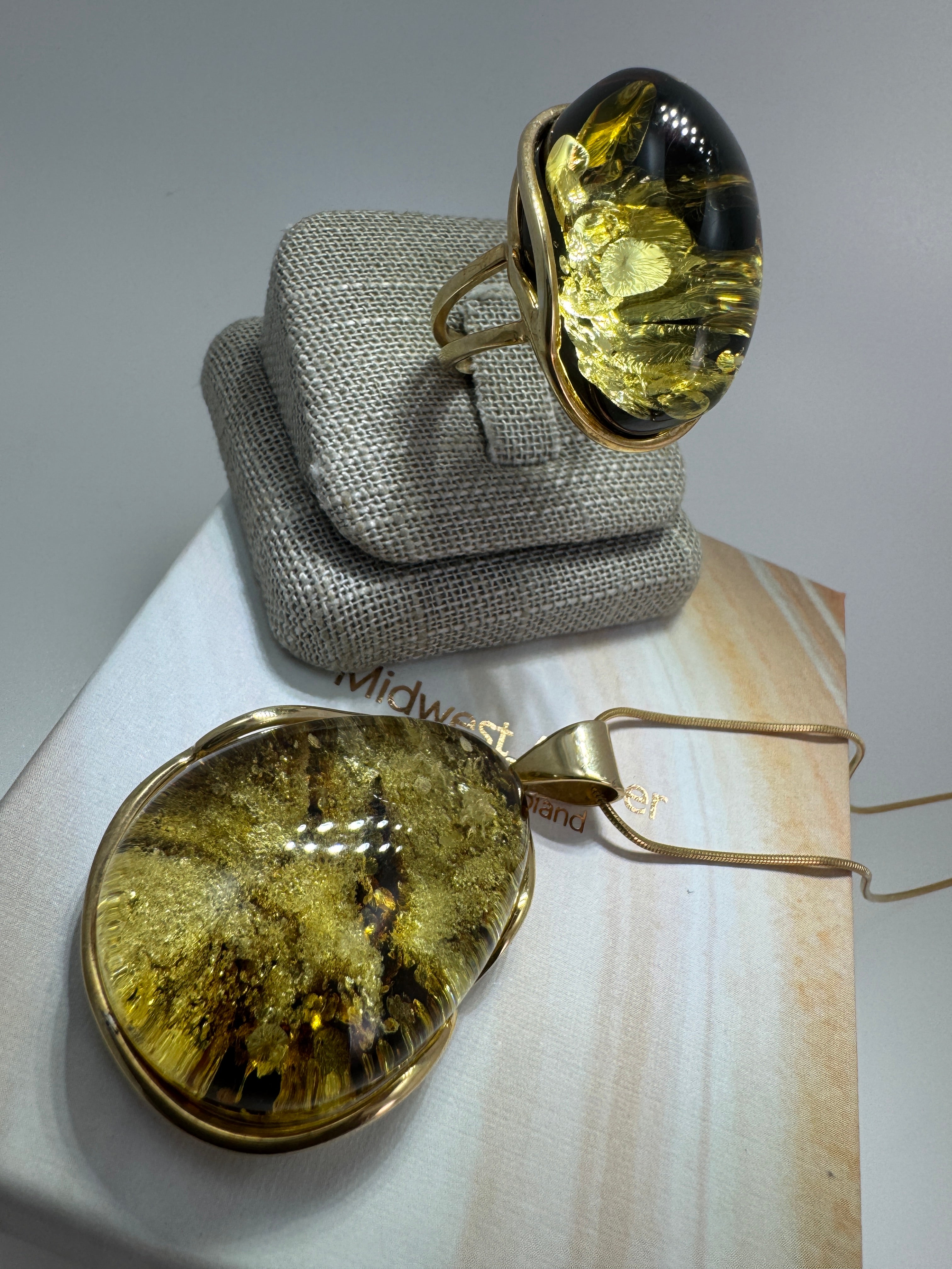 Handmade Green Baltic Amber Ombre Ring – Adjustable Gold Plated Sterling Silver Statement Ring – Genuine Baltic Amber Jewelry from Poland