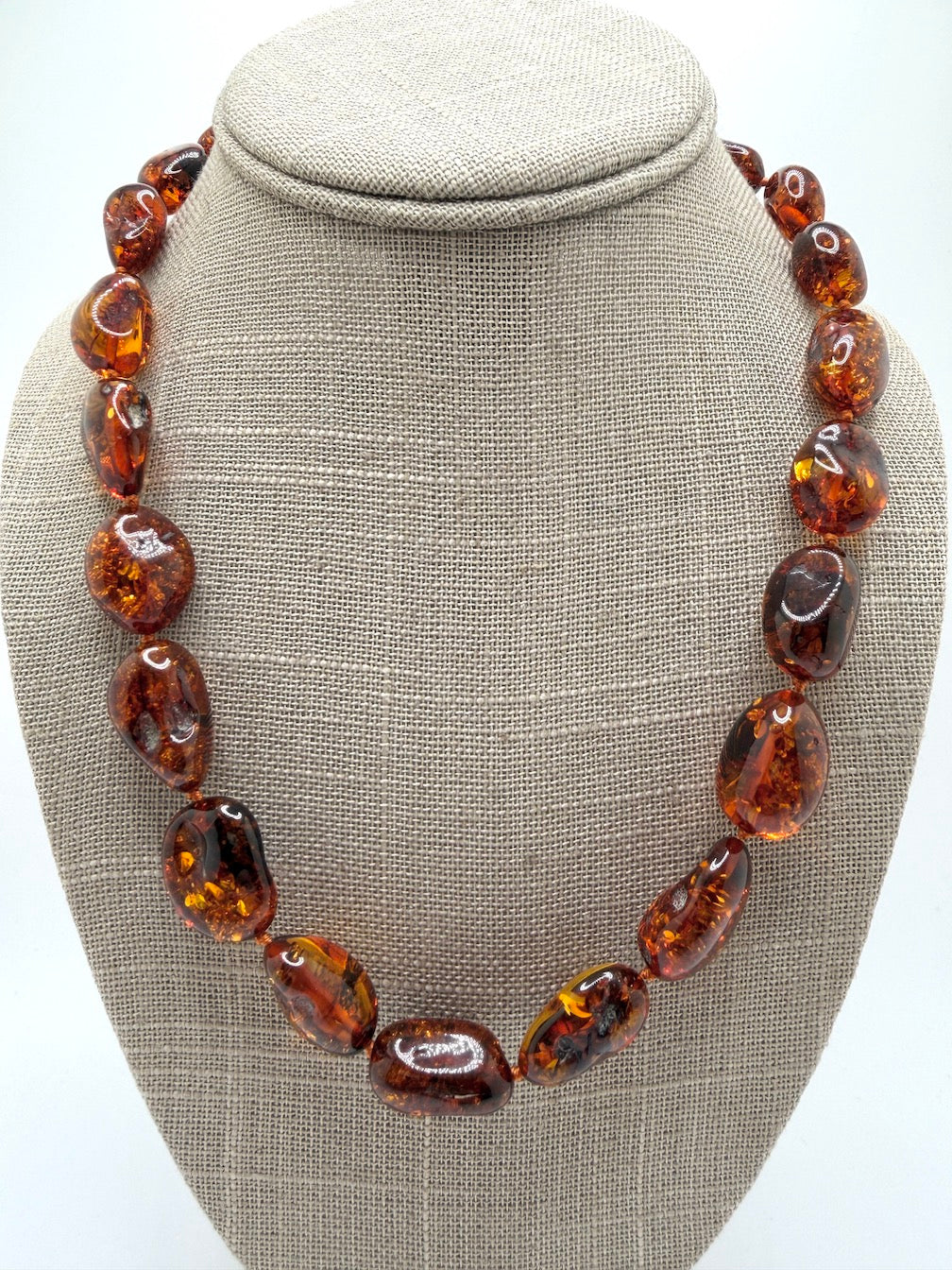 Handmade Honey Baltic Amber Chunk Necklace – Genuine Knotted Amber Beads, Lithuania, Sterling Silver Clasp, Adjustable Statement Necklace