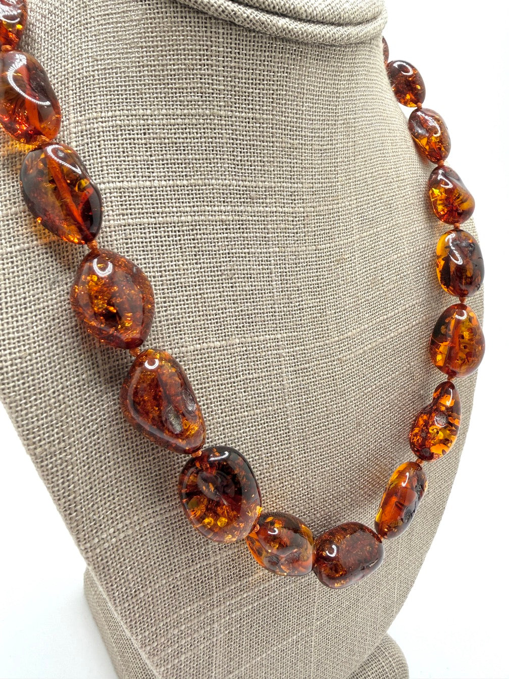 Handmade Honey Baltic Amber Chunk Necklace – Genuine Knotted Amber Beads, Lithuania, Sterling Silver Clasp, Adjustable Statement Necklace