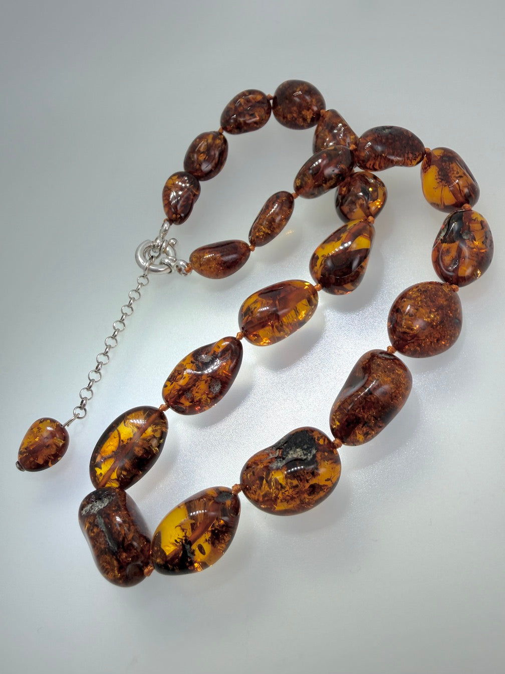 Handmade Honey Baltic Amber Chunk Necklace – Genuine Knotted Amber Beads, Lithuania, Sterling Silver Clasp, Adjustable Statement Necklace