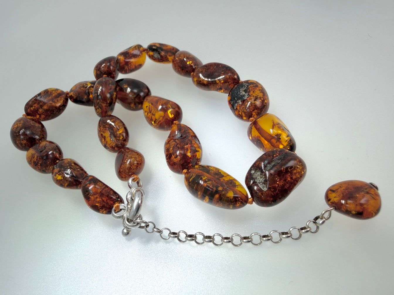 Handmade Honey Baltic Amber Chunk Necklace – Genuine Knotted Amber Beads, Lithuania, Sterling Silver Clasp, Adjustable Statement Necklace