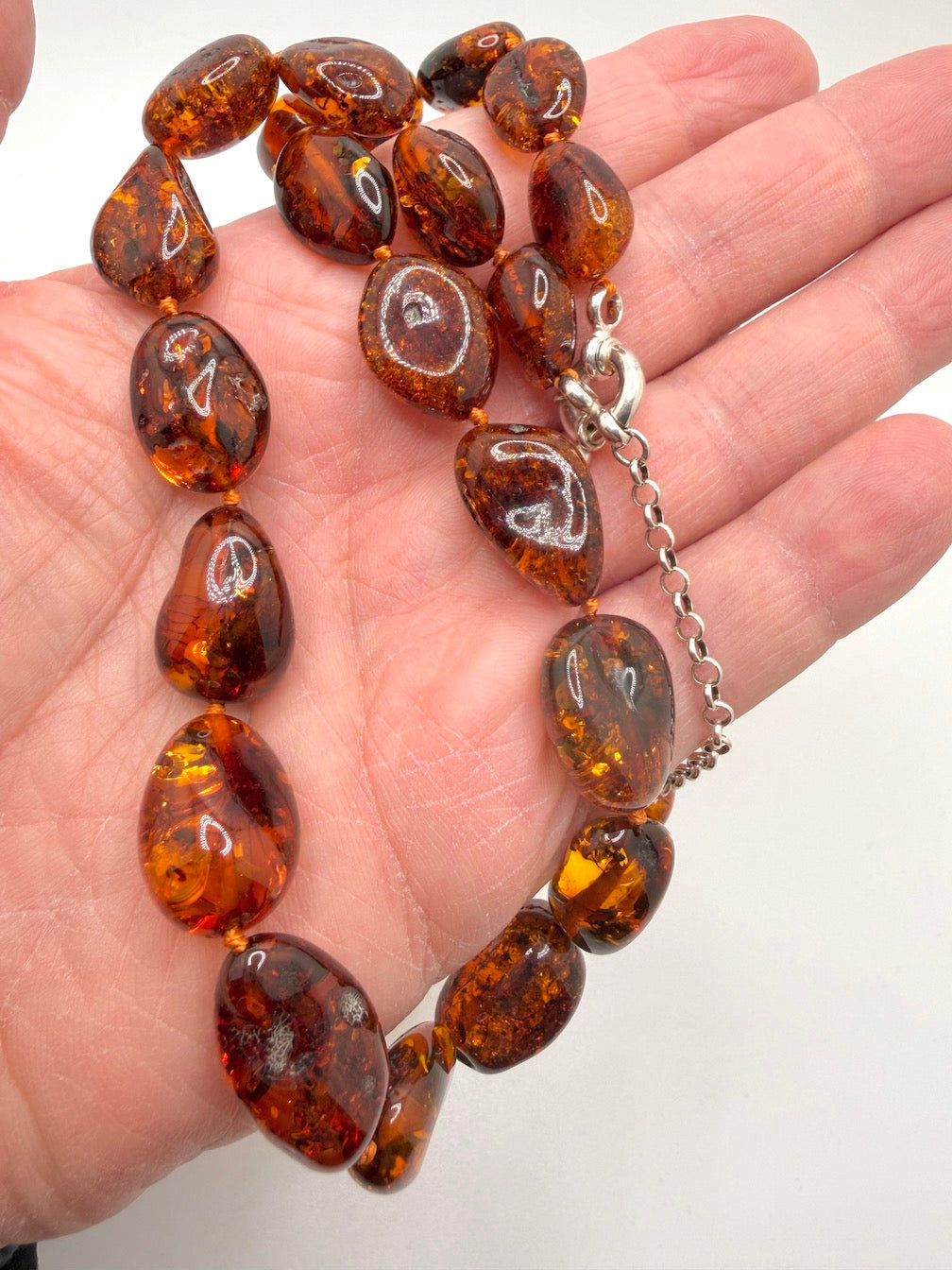Handmade Honey Baltic Amber Chunk Necklace – Genuine Knotted Amber Beads, Lithuania, Sterling Silver Clasp, Adjustable Statement Necklace