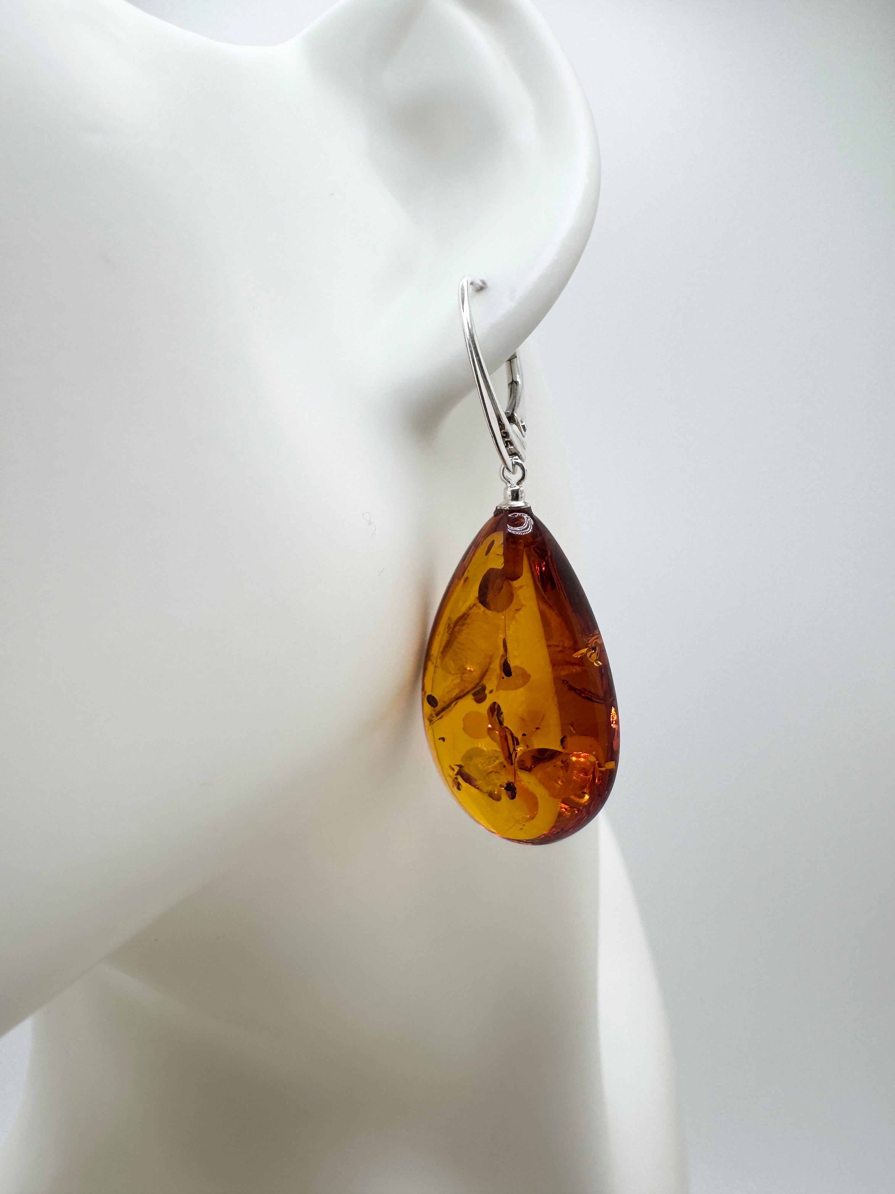 Handmade Honey Baltic Amber Oversized Teardrop Earrings – Sterling Silver Lever Back Dangles from Poland