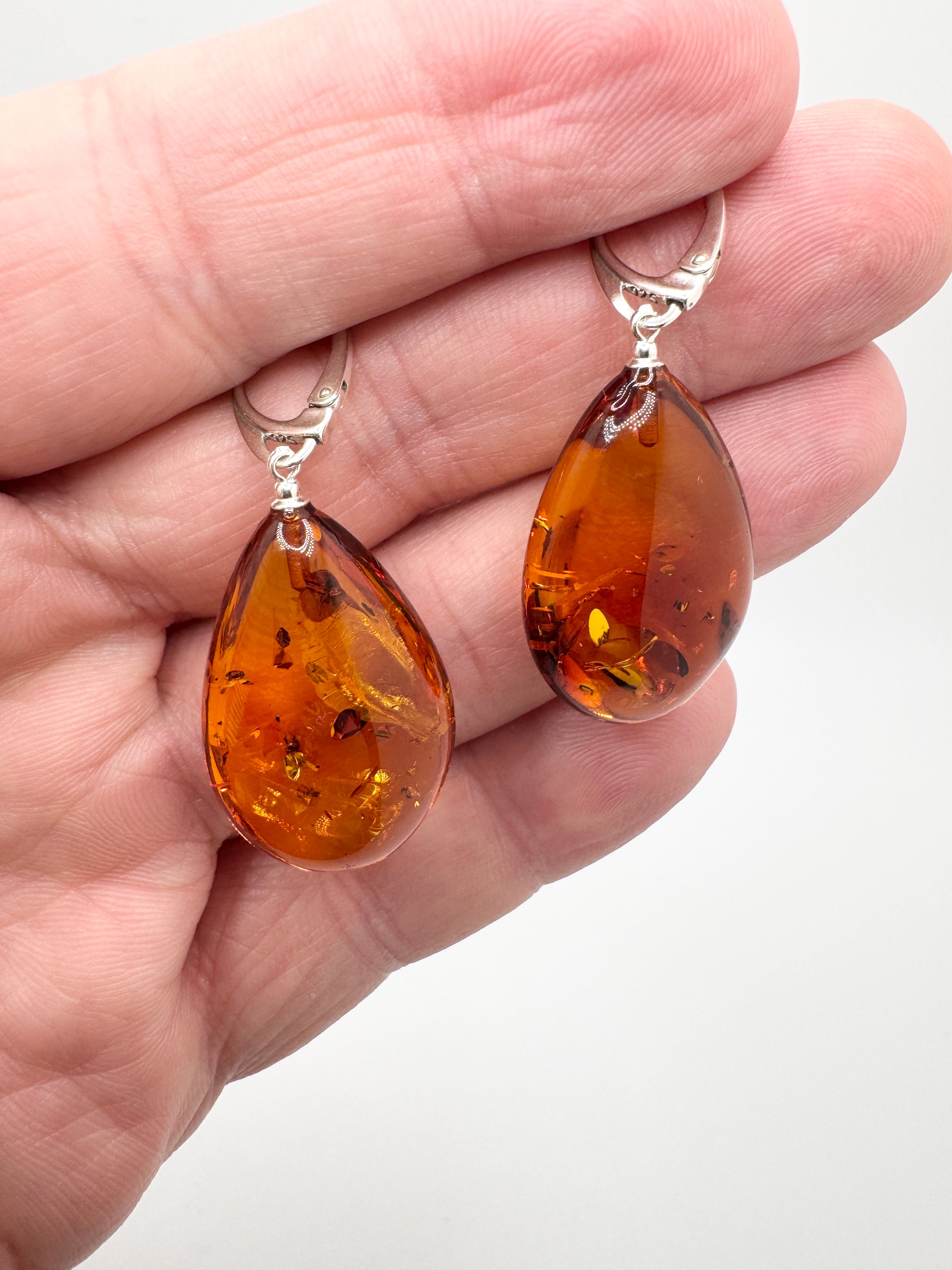 Handmade Honey Baltic Amber Oversized Teardrop Earrings – Sterling Silver Lever Back Dangles from Poland
