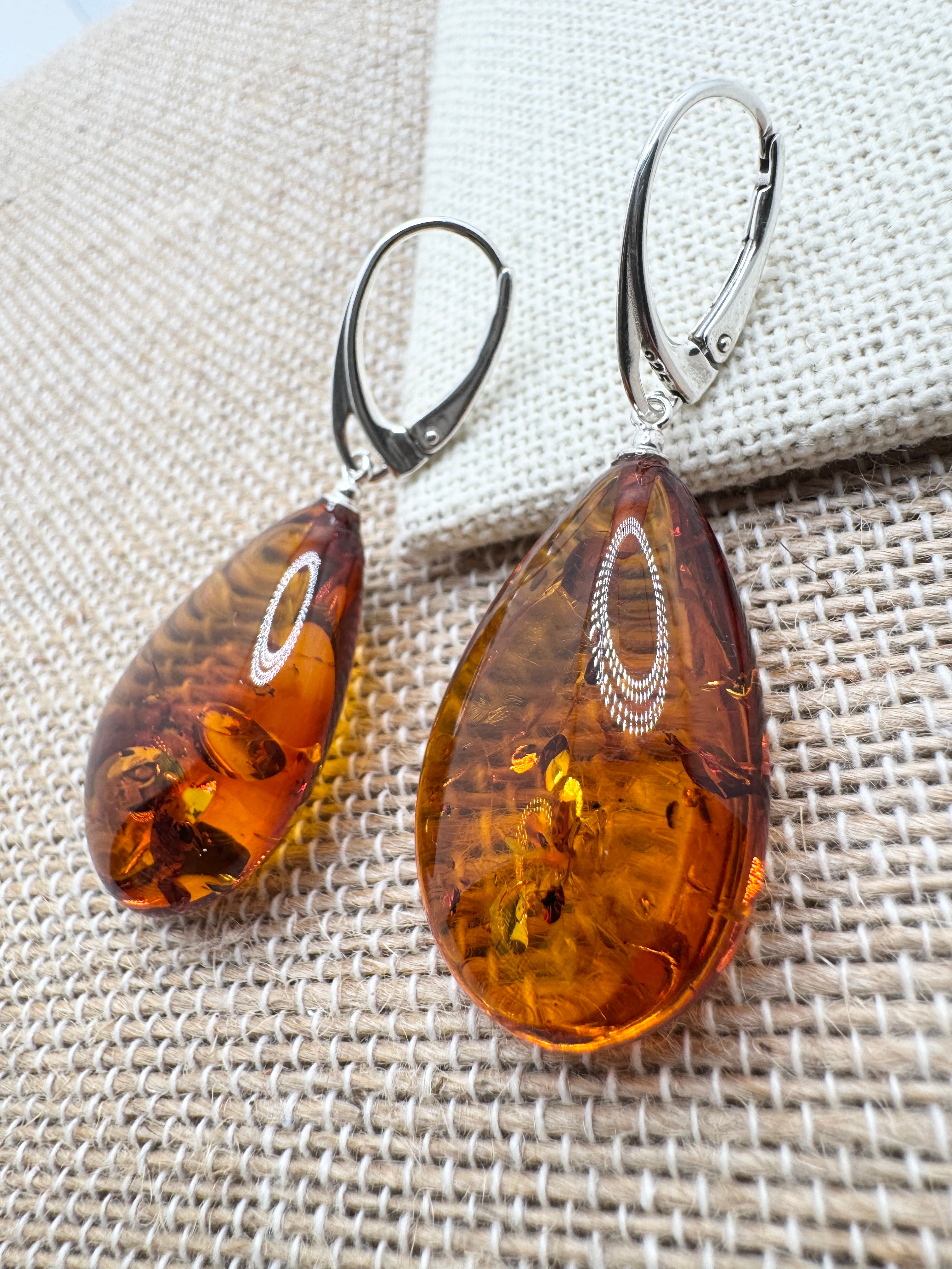 Handmade Honey Baltic Amber Oversized Teardrop Earrings – Sterling Silver Lever Back Dangles from Poland