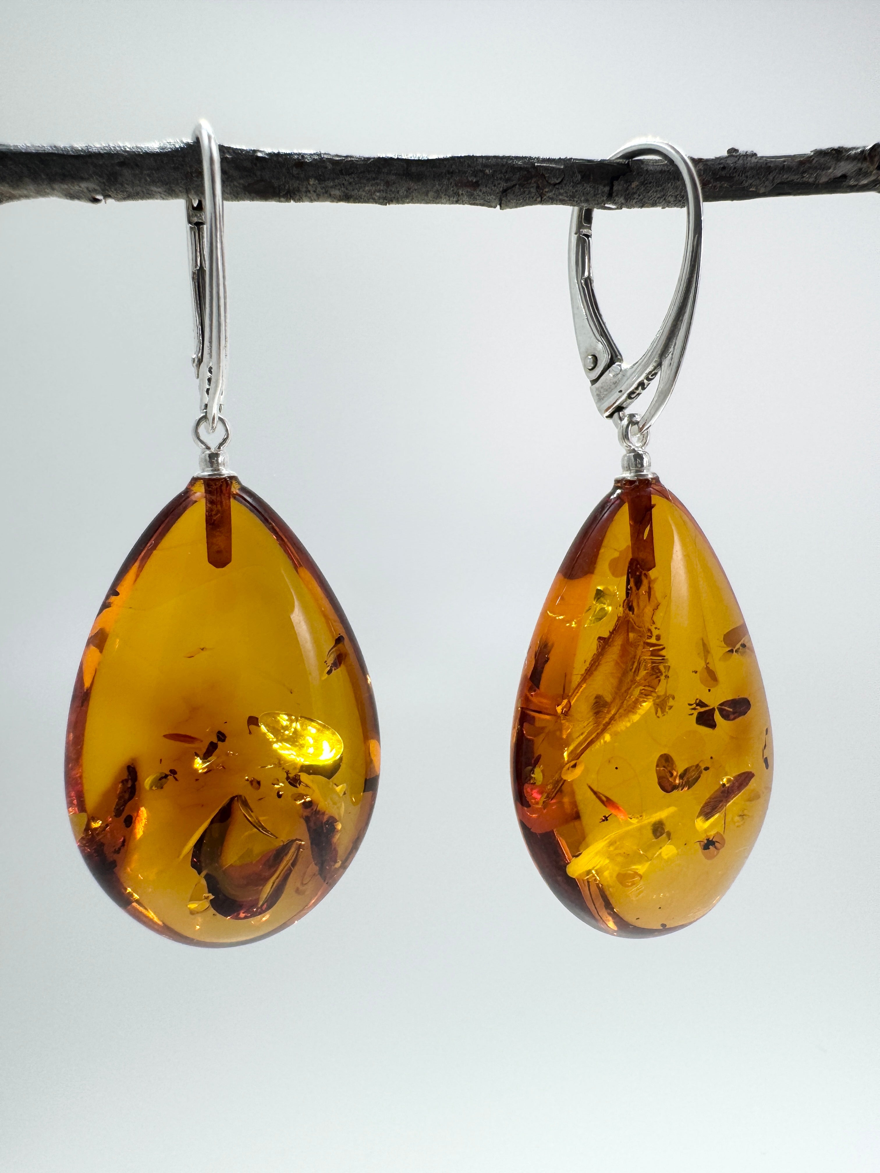Handmade Honey Baltic Amber Oversized Teardrop Earrings – Sterling Silver Lever Back Dangles from Poland