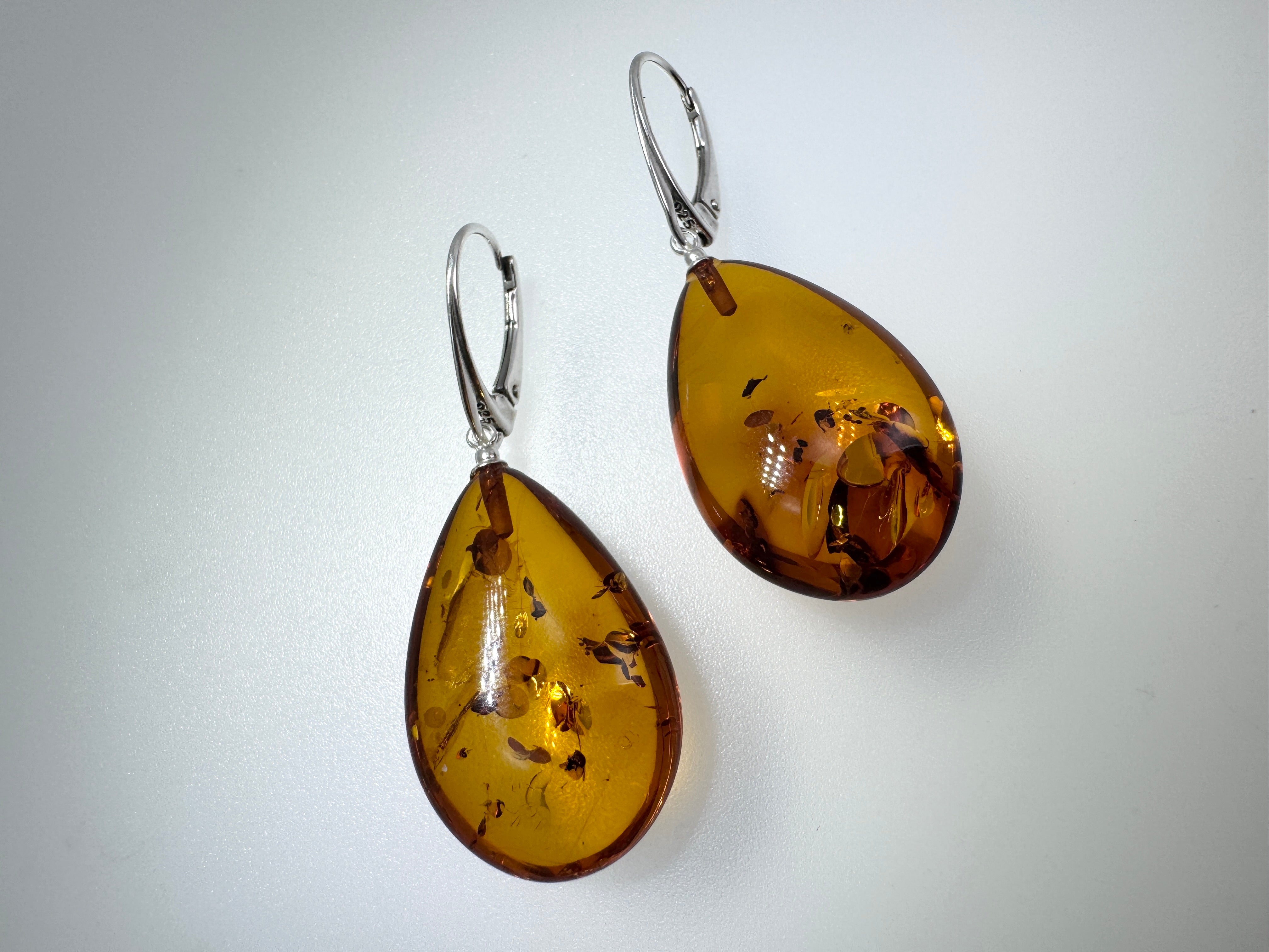 Handmade Honey Baltic Amber Oversized Teardrop Earrings – Sterling Silver Lever Back Dangles from Poland