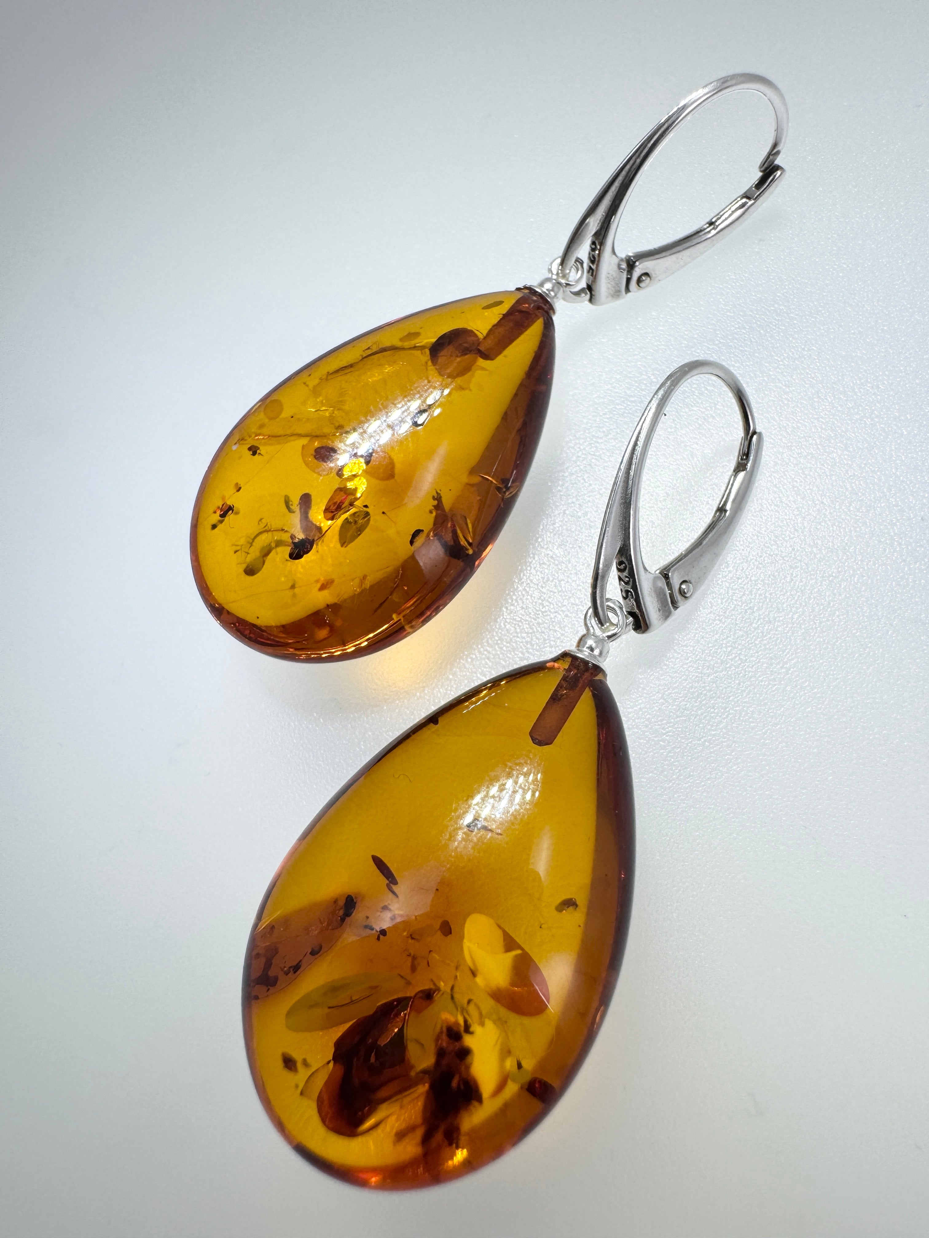 Handmade Honey Baltic Amber Oversized Teardrop Earrings – Sterling Silver Lever Back Dangles from Poland