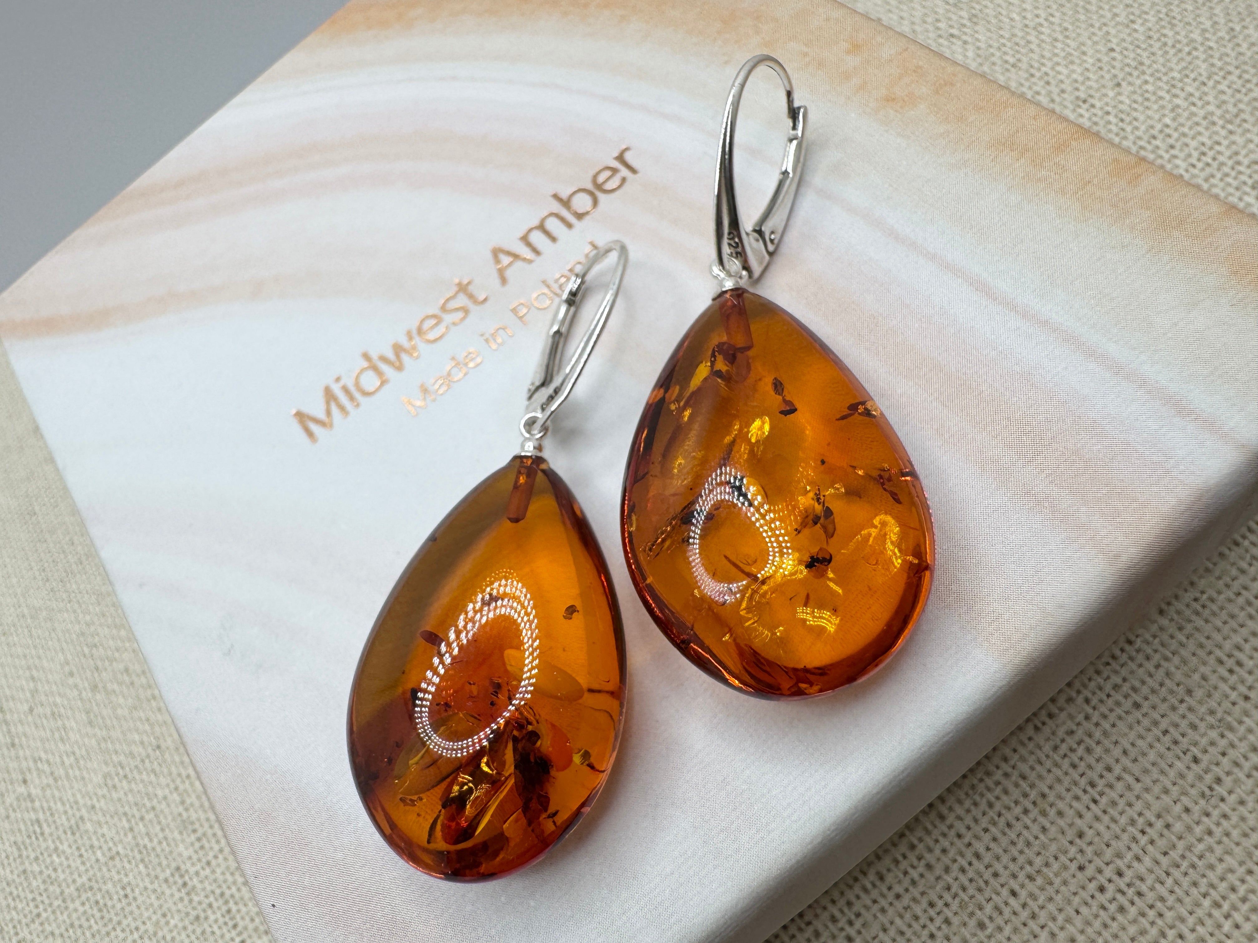 Handmade Honey Baltic Amber Oversized Teardrop Earrings – Sterling Silver Lever Back Dangles from Poland