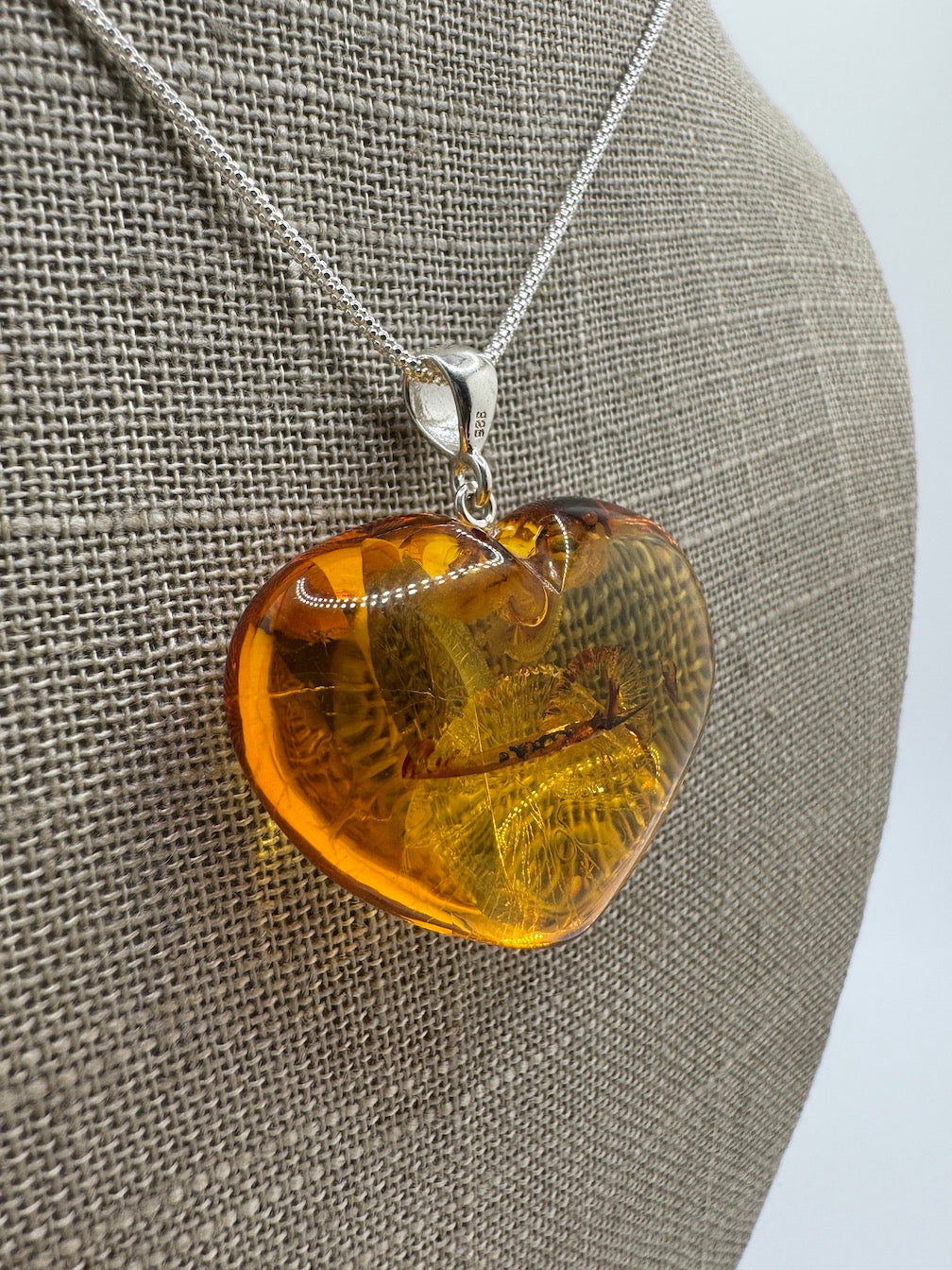 Handmade Honey Baltic Amber Puffy Heart Pendant – Genuine Carved Amber with Golden Inclusions on Sterling Silver Chain