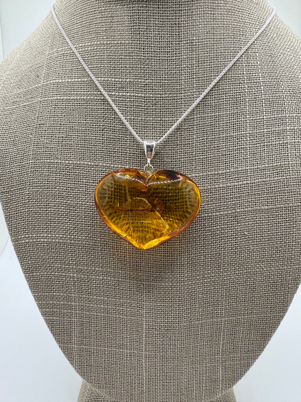 Handmade Honey Baltic Amber Puffy Heart Pendant – Genuine Carved Amber with Golden Inclusions on Sterling Silver Chain