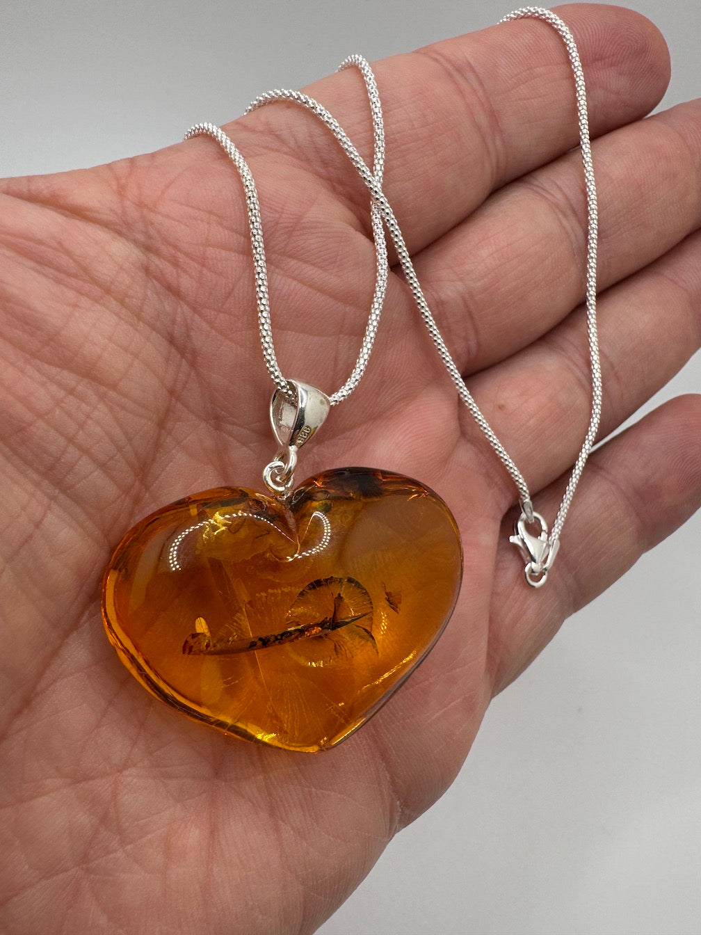 Handmade Honey Baltic Amber Puffy Heart Pendant – Genuine Carved Amber with Golden Inclusions on Sterling Silver Chain