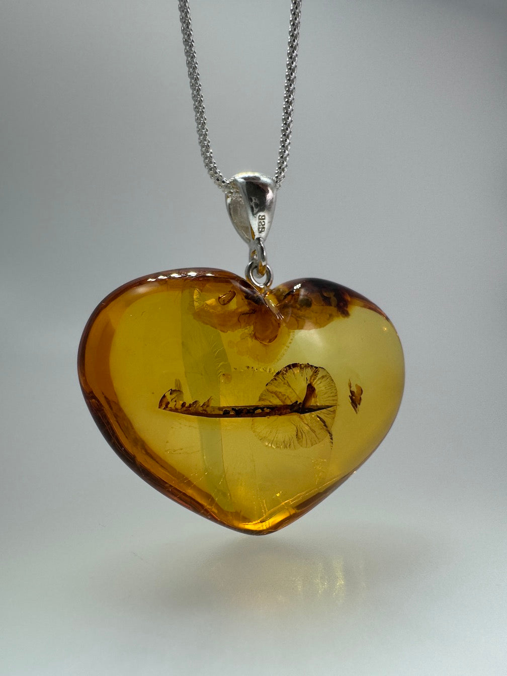 Handmade Honey Baltic Amber Puffy Heart Pendant – Genuine Carved Amber with Golden Inclusions on Sterling Silver Chain
