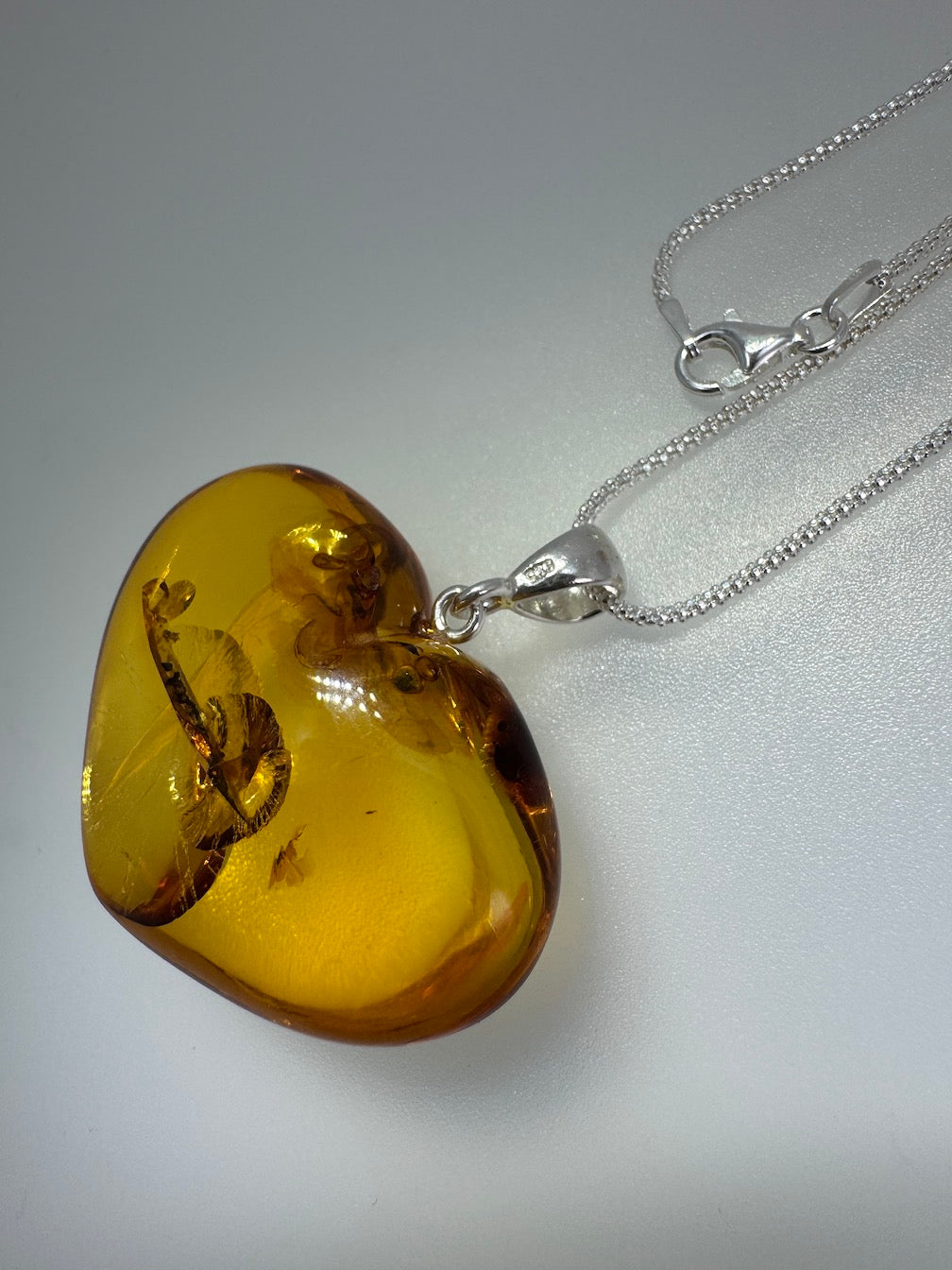 Handmade Honey Baltic Amber Puffy Heart Pendant – Genuine Carved Amber with Golden Inclusions on Sterling Silver Chain