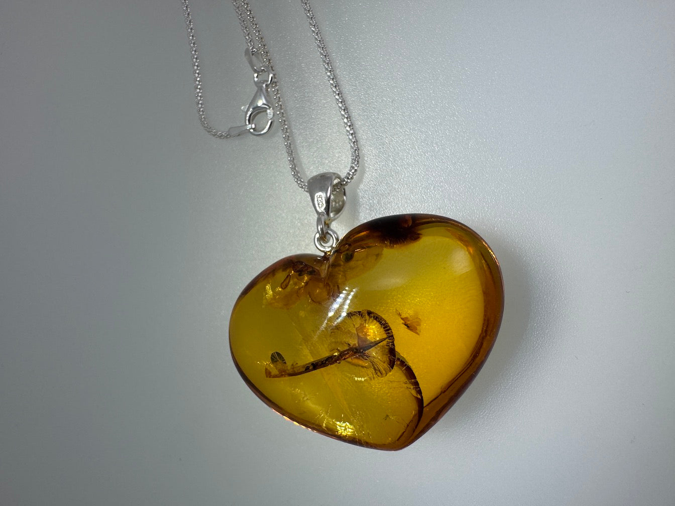 Handmade Honey Baltic Amber Puffy Heart Pendant – Genuine Carved Amber with Golden Inclusions on Sterling Silver Chain