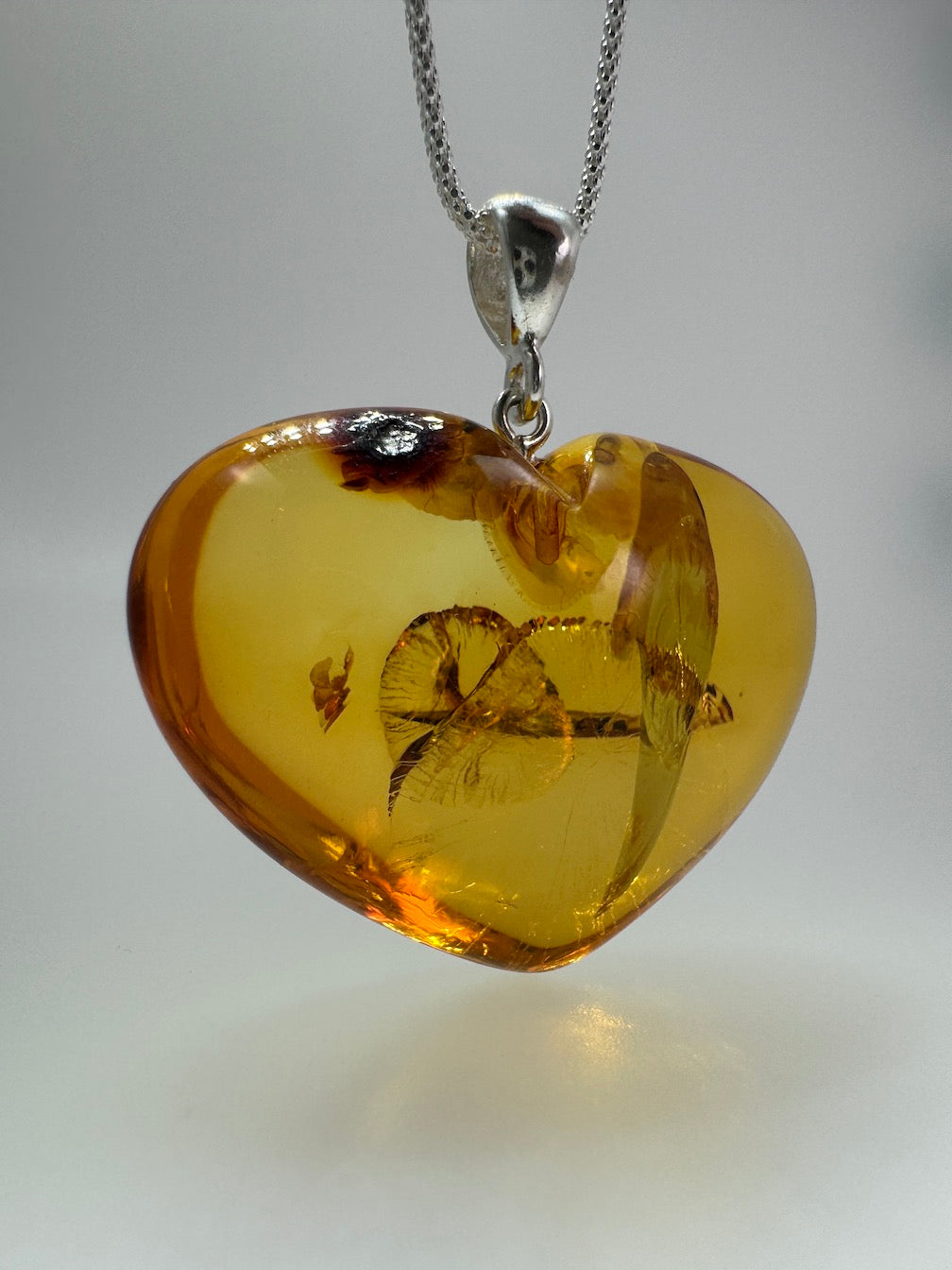 Handmade Honey Baltic Amber Puffy Heart Pendant – Genuine Carved Amber with Golden Inclusions on Sterling Silver Chain