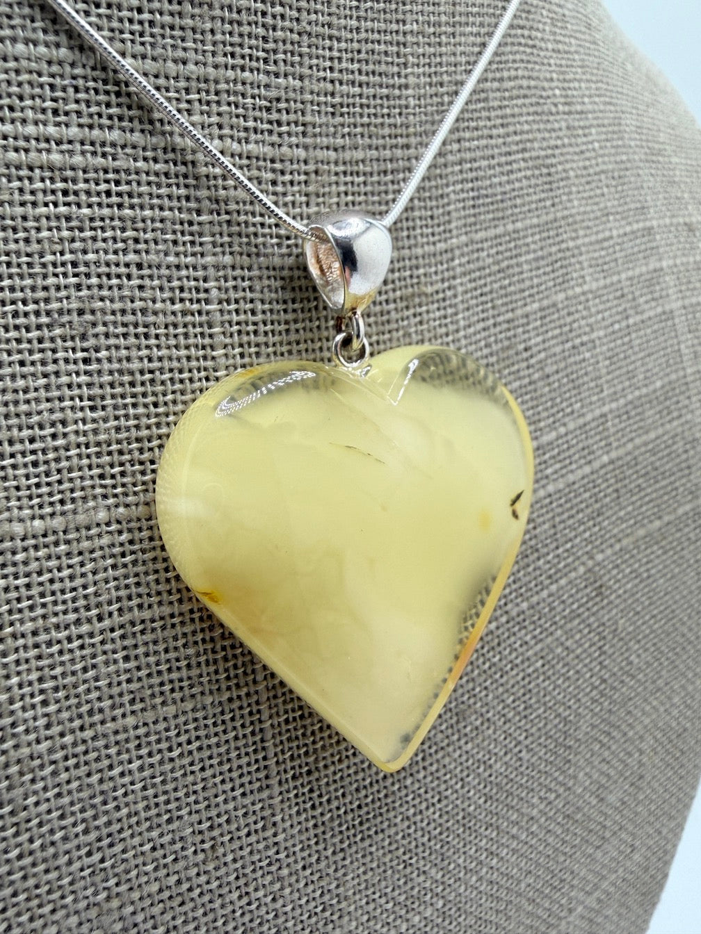 Handmade Lemon Baltic Amber Heart Pendant – Sterling Silver Snake Chain