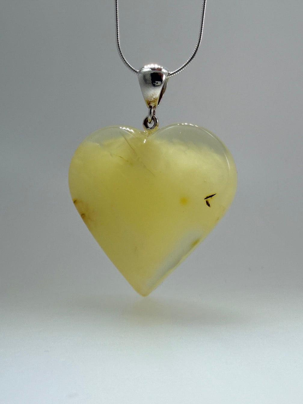 Handmade Lemon Baltic Amber Heart Pendant – Sterling Silver Snake Chain