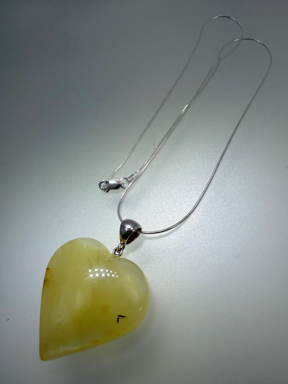 Handmade Lemon Baltic Amber Heart Pendant – Sterling Silver Snake Chain