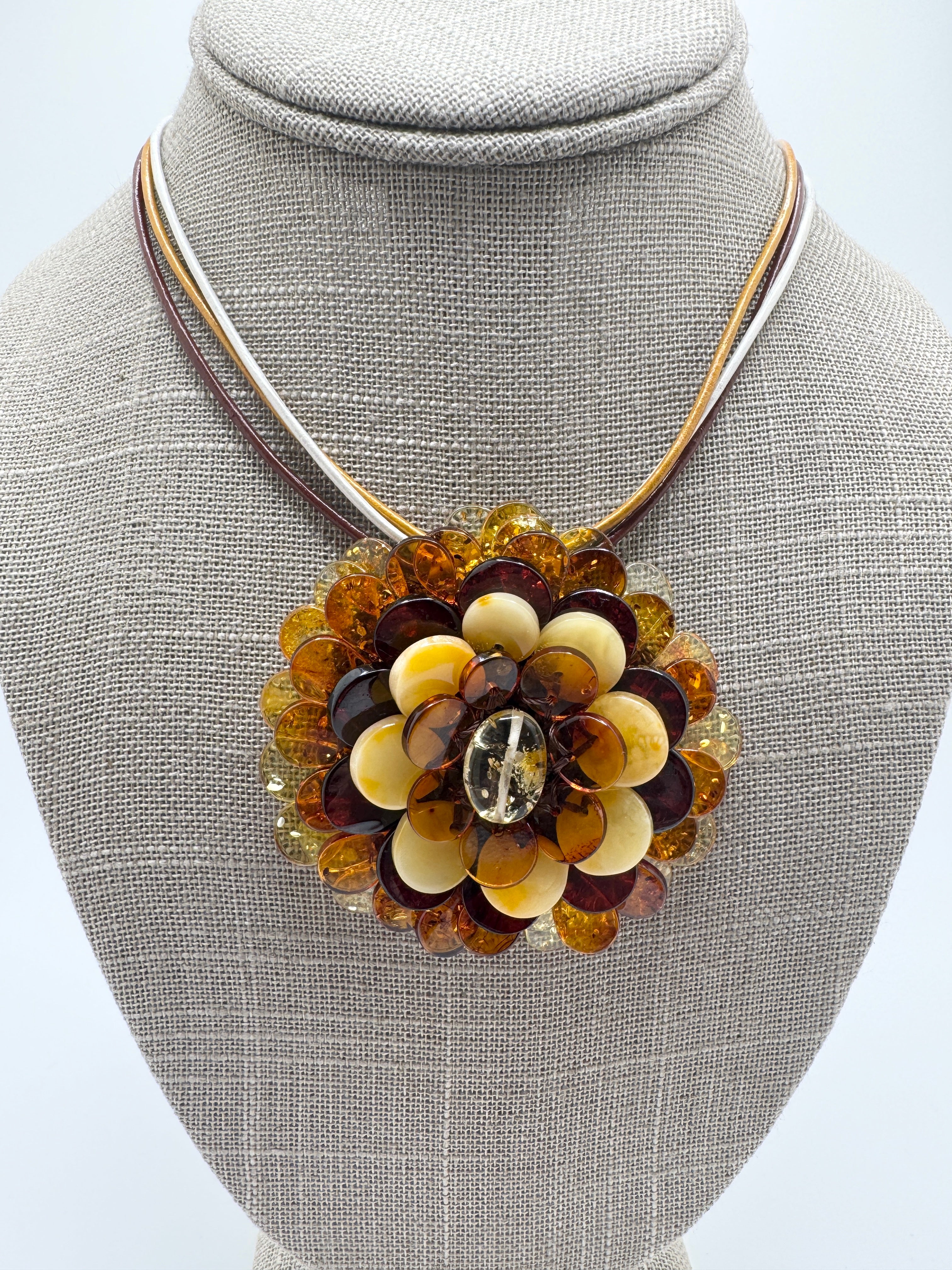 Handmade Lithuanian Multicolor Baltic Amber Flower Pendant Necklace & Brooch – Sterling Silver & Leather Cord