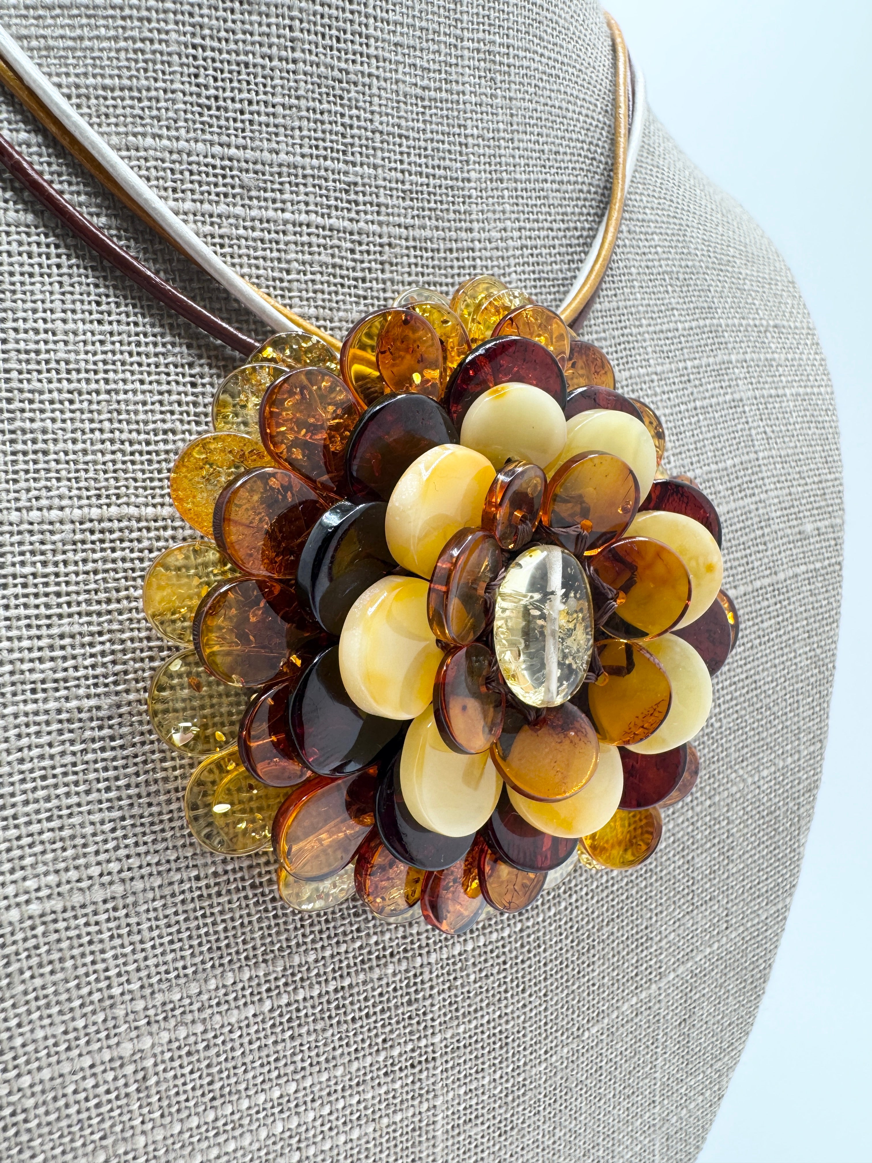 Handmade Lithuanian Multicolor Baltic Amber Flower Pendant Necklace & Brooch – Sterling Silver & Leather Cord