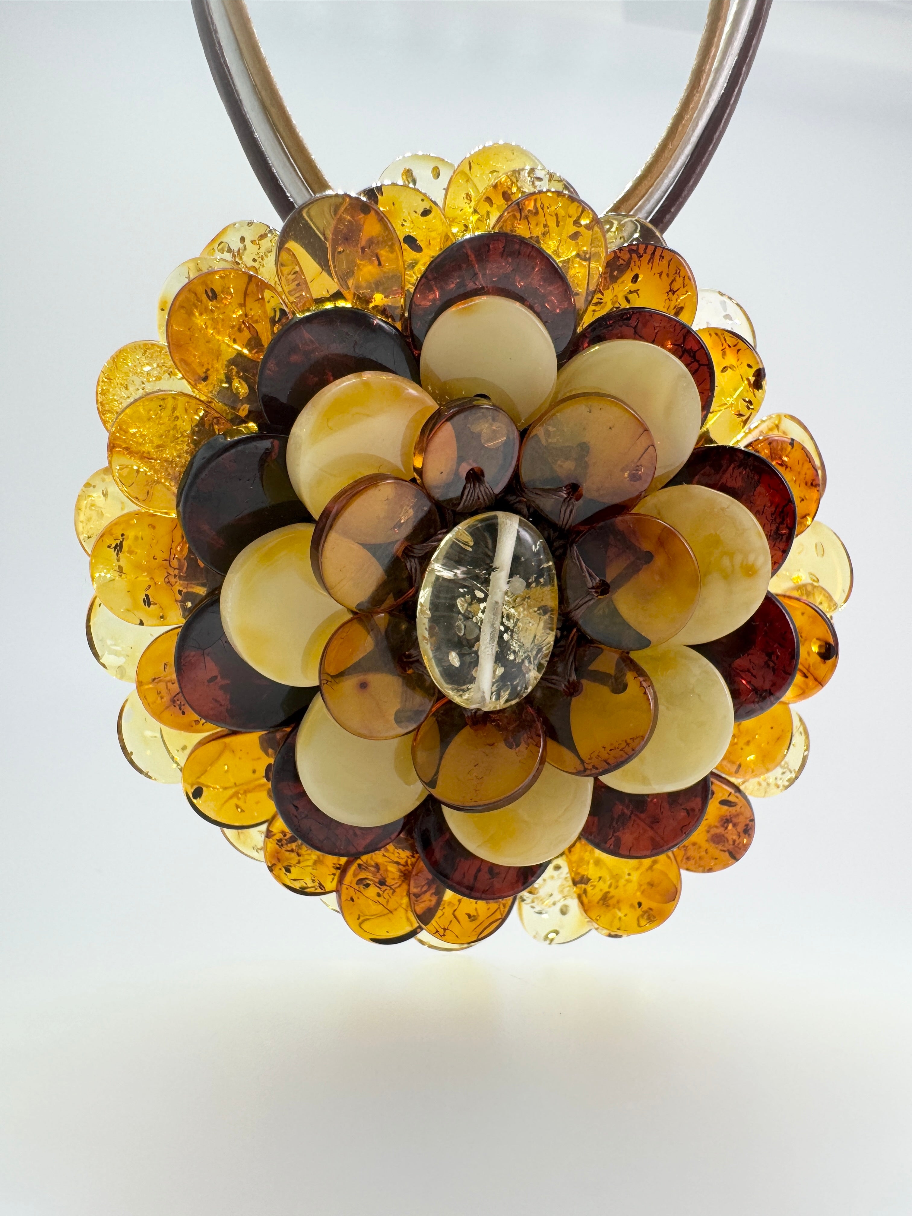 Handmade Lithuanian Multicolor Baltic Amber Flower Pendant Necklace & Brooch – Sterling Silver & Leather Cord