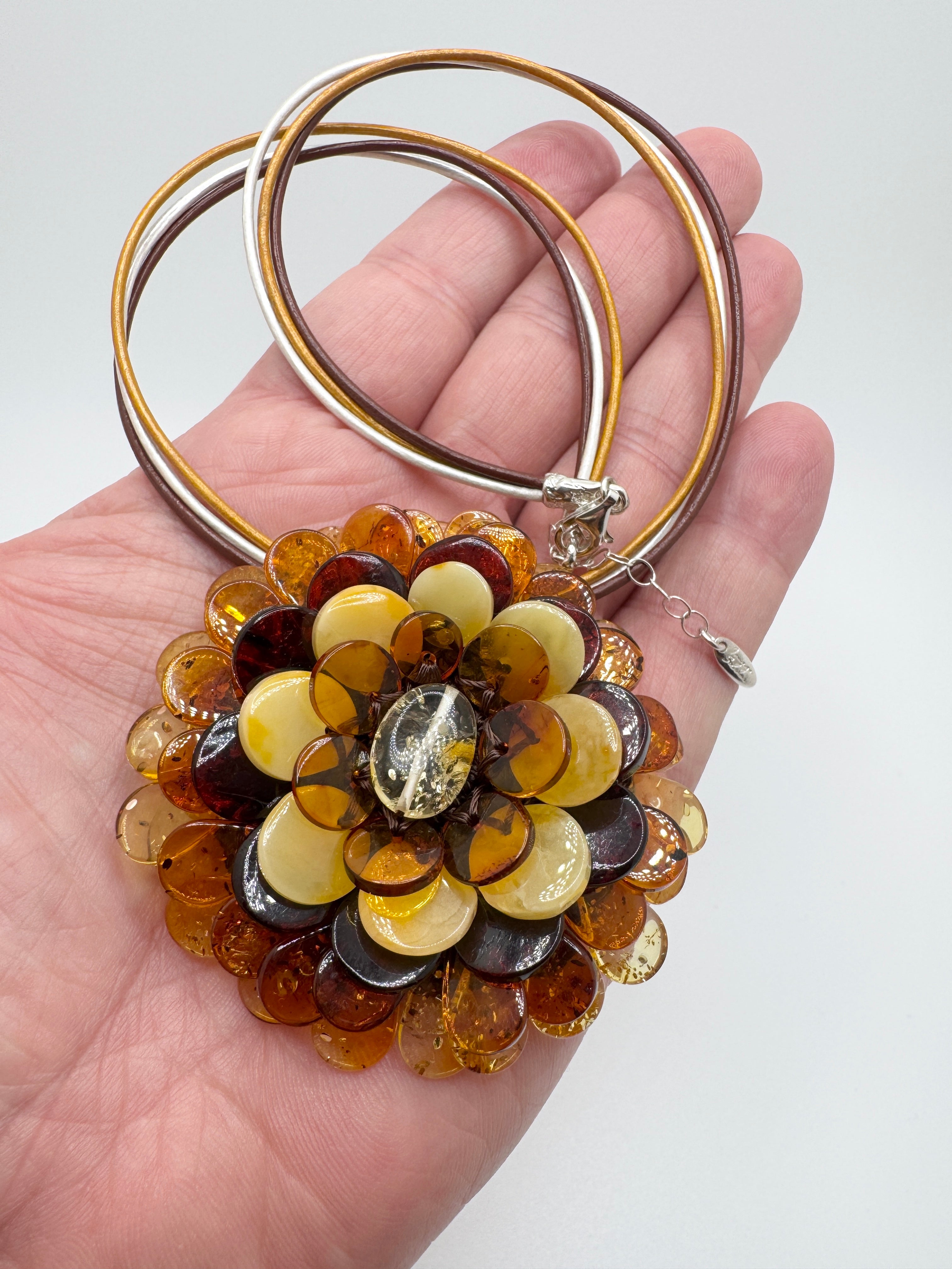 Handmade Lithuanian Multicolor Baltic Amber Flower Pendant Necklace & Brooch – Sterling Silver & Leather Cord