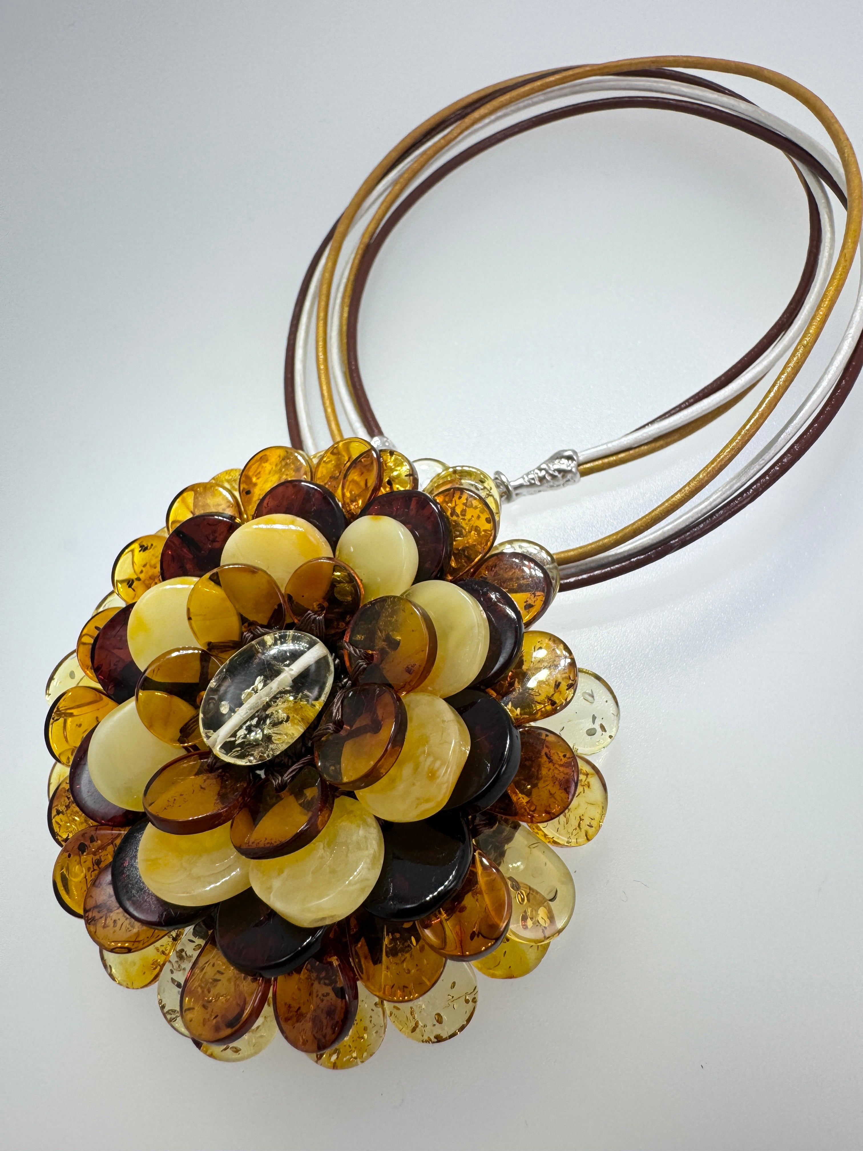 Handmade Lithuanian Multicolor Baltic Amber Flower Pendant Necklace & Brooch – Sterling Silver & Leather Cord