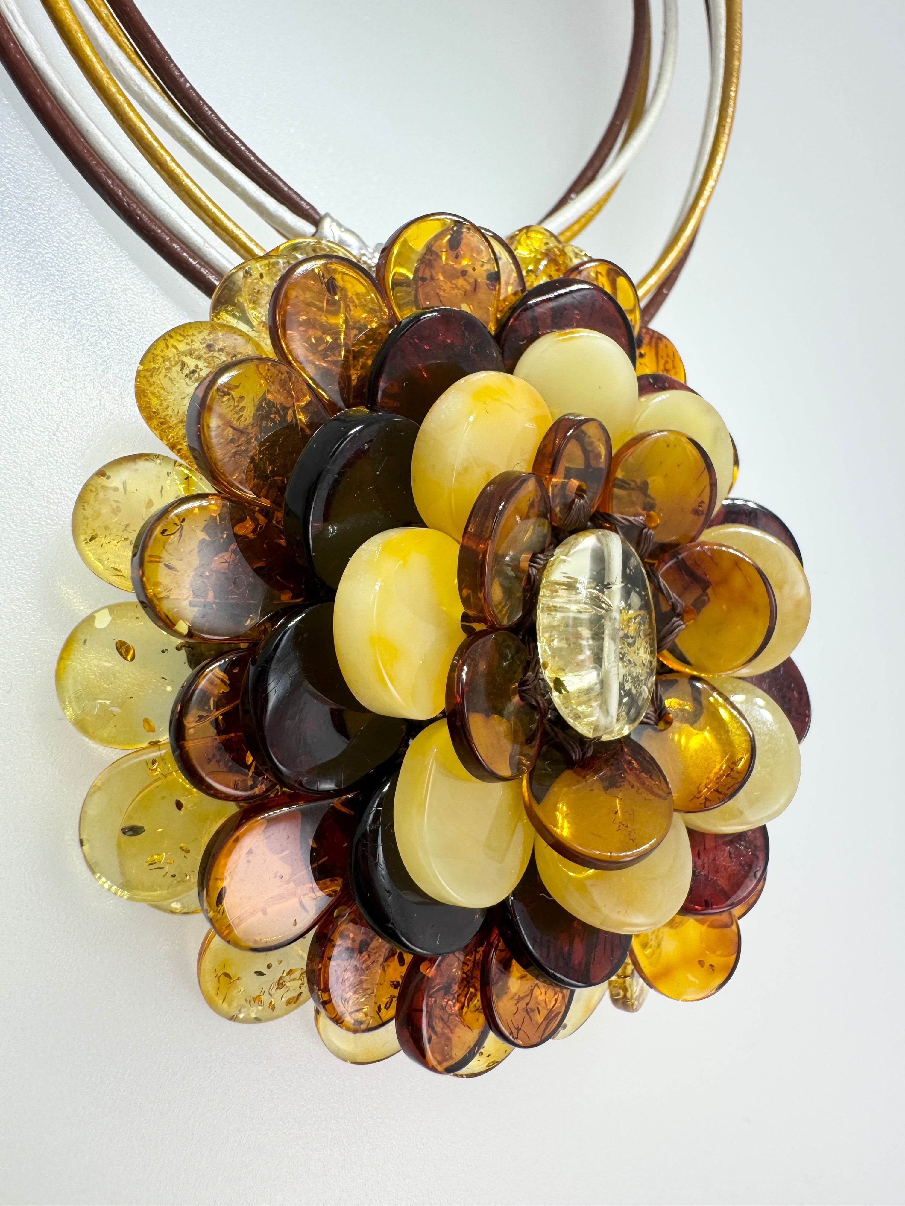 Handmade Lithuanian Multicolor Baltic Amber Flower Pendant Necklace & Brooch – Sterling Silver & Leather Cord