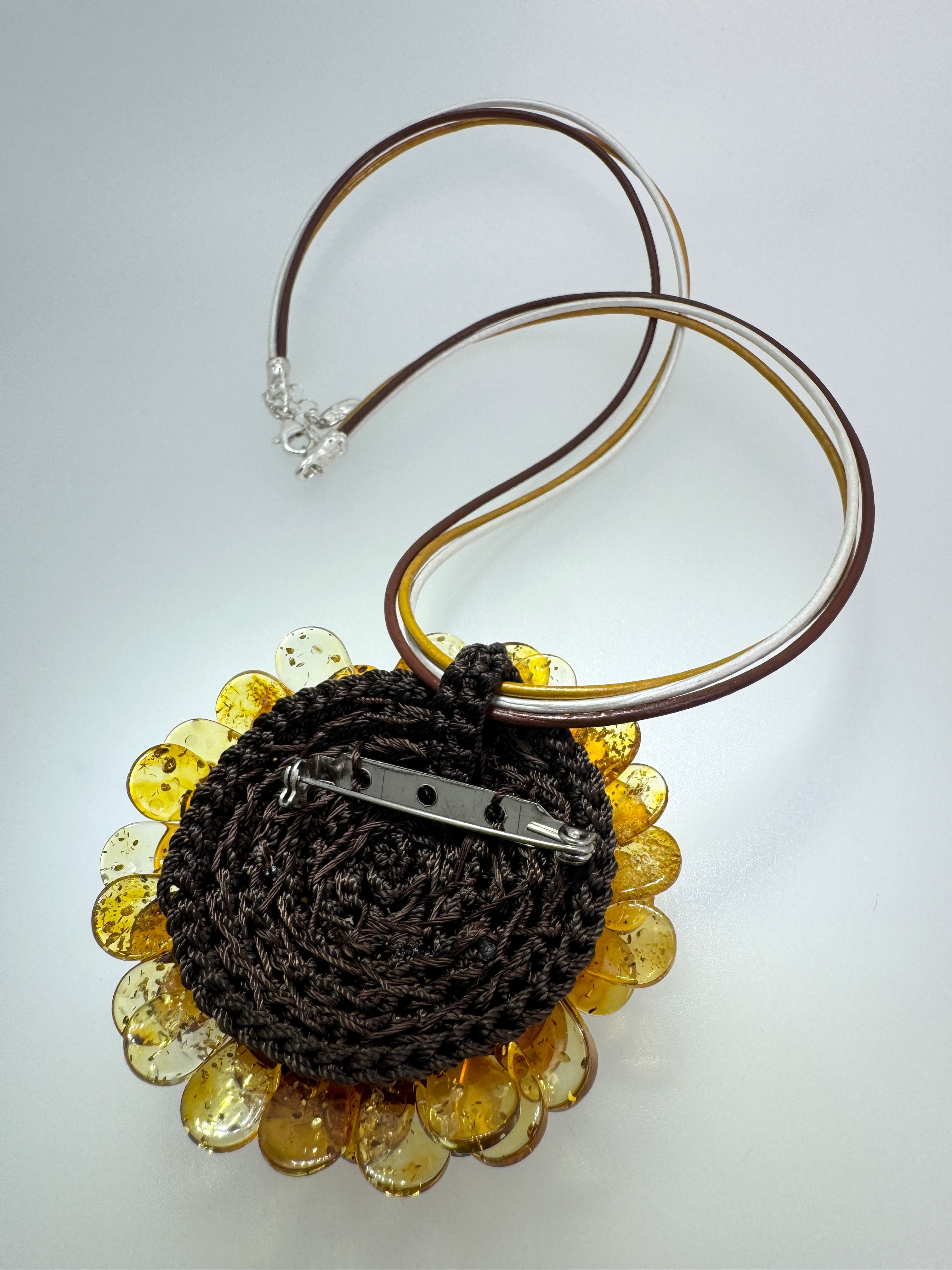 Handmade Lithuanian Multicolor Baltic Amber Flower Pendant Necklace & Brooch – Sterling Silver & Leather Cord