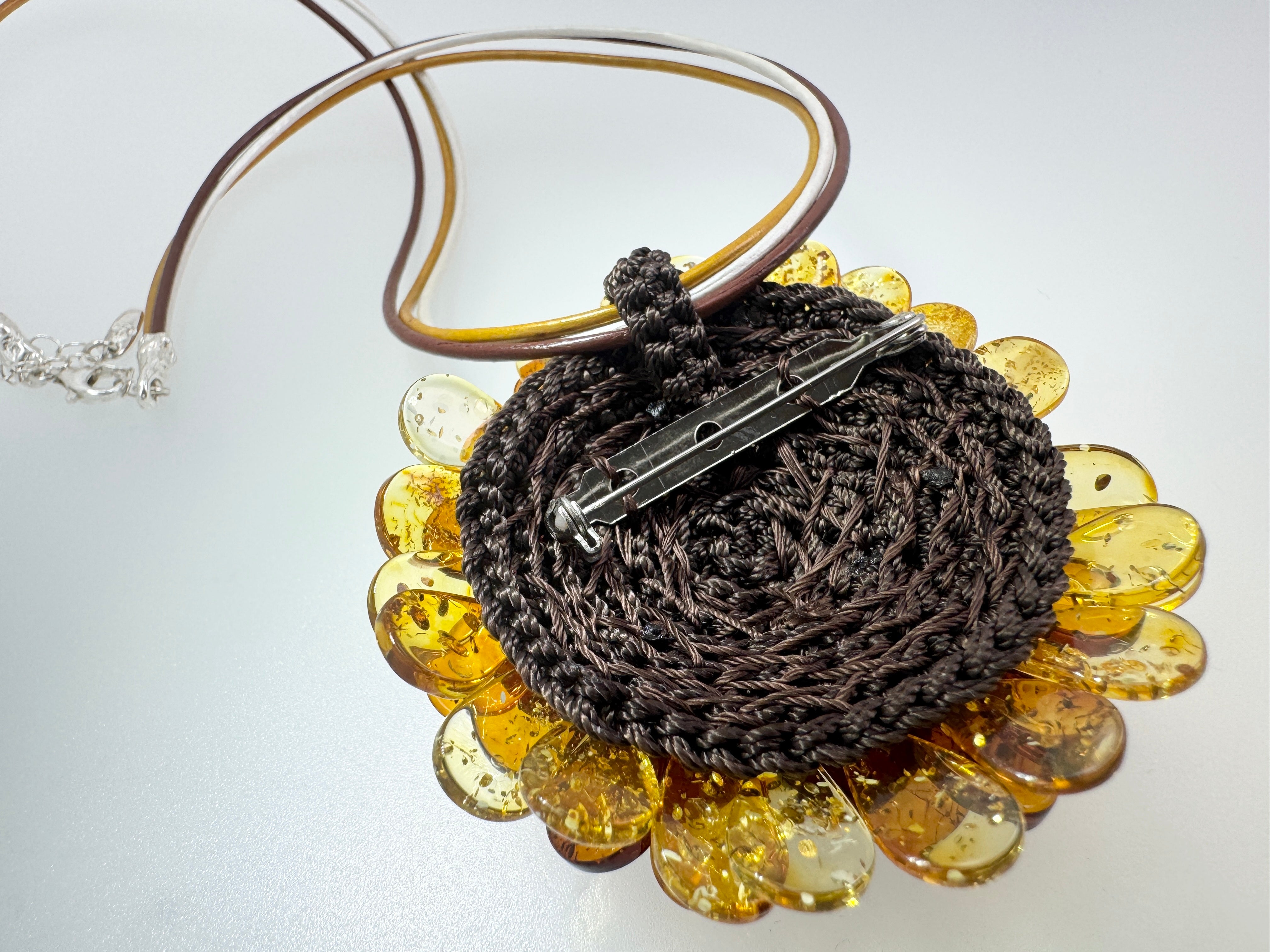 Handmade Lithuanian Multicolor Baltic Amber Flower Pendant Necklace & Brooch – Sterling Silver & Leather Cord