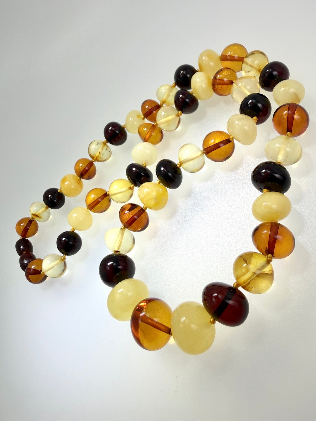 Handmade Lithuanian Multicolor Baroque Baltic Amber Bead Necklace • 20” Graduated Honey Lemon Cherry Butterscotch • Natural Knotted Strand