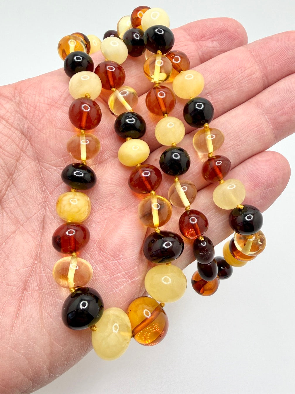 Handmade Lithuanian Multicolor Baroque Baltic Amber Bead Necklace • 20” Graduated Honey Lemon Cherry Butterscotch • Natural Knotted Strand
