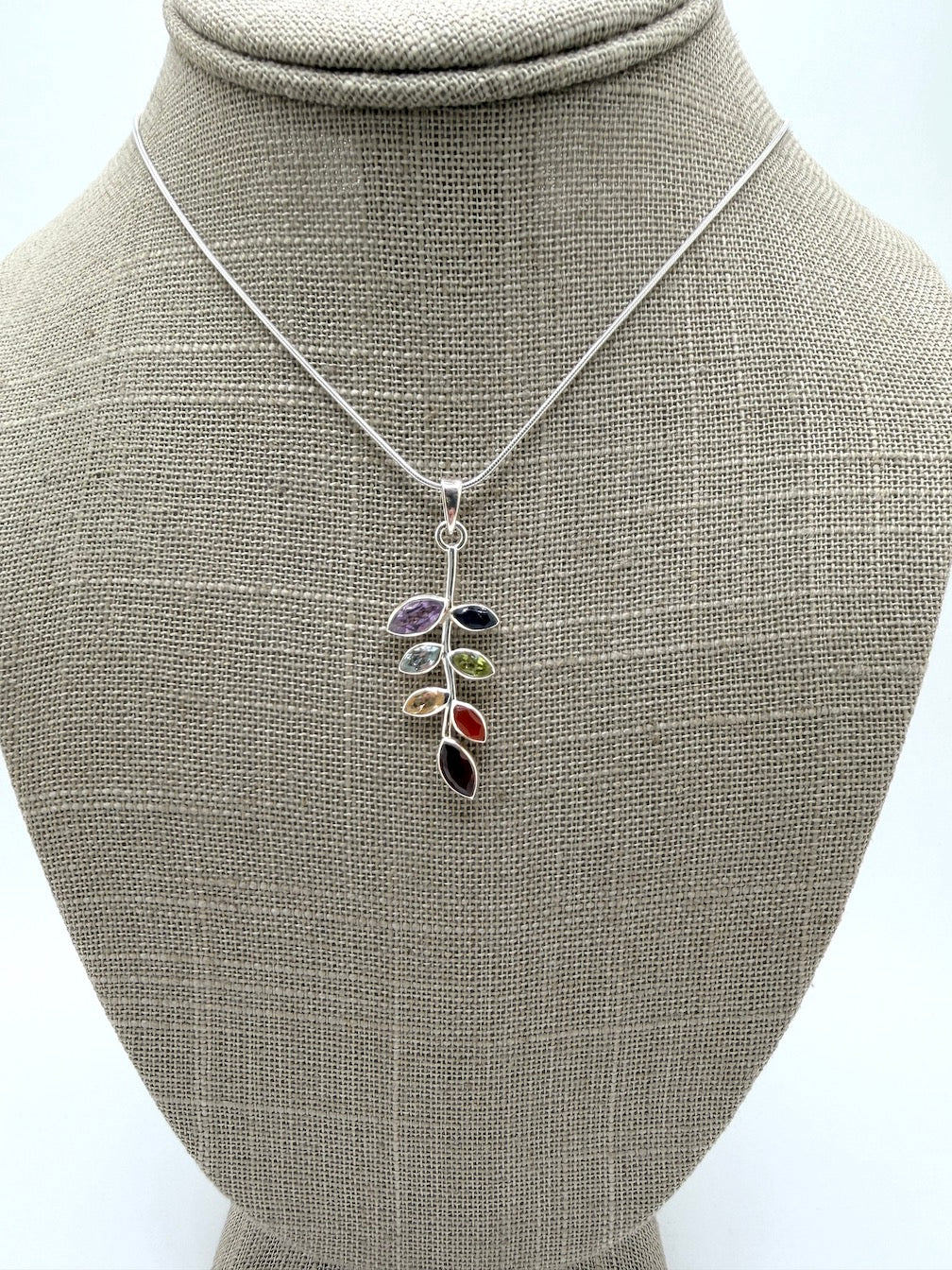Multi-Stone Leaf Pendant Necklace – Sterling Silver with Amethyst, Blue Topaz, Peridot, Aquamarine & Quartz – Elegant Nature Inspired Jewelry