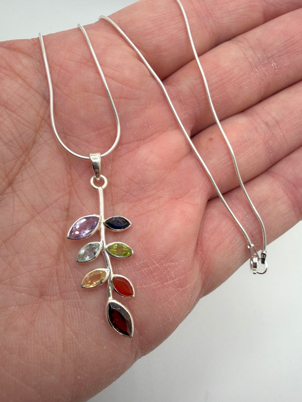Multi-Stone Leaf Pendant Necklace – Sterling Silver with Amethyst, Blue Topaz, Peridot, Aquamarine & Quartz – Elegant Nature Inspired Jewelry
