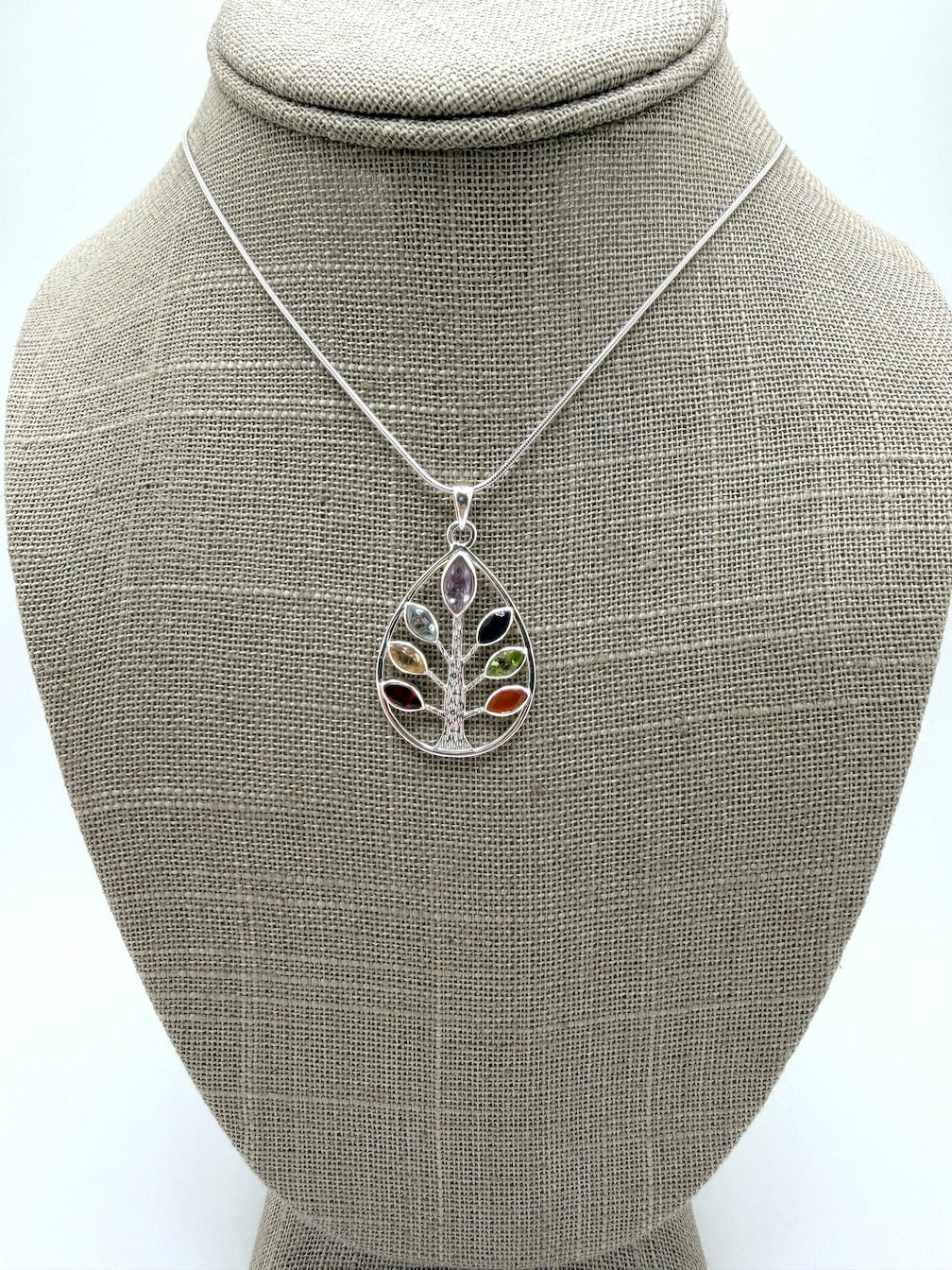 Handmade Multi-Stone Tree of Life Pendant – Sterling Silver Teardrop Necklace with Amethyst, Blue Topaz, Peridot, Aquamarine & Quartz – Nature Inspired Statement Jewelry
