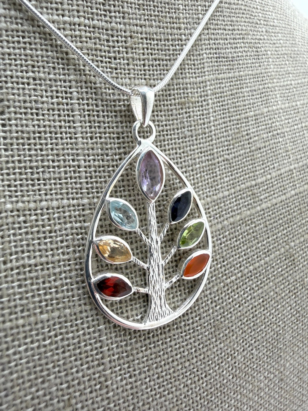 Handmade Multi-Stone Tree of Life Pendant – Sterling Silver Teardrop Necklace with Amethyst, Blue Topaz, Peridot, Aquamarine & Quartz – Nature Inspired Statement Jewelry