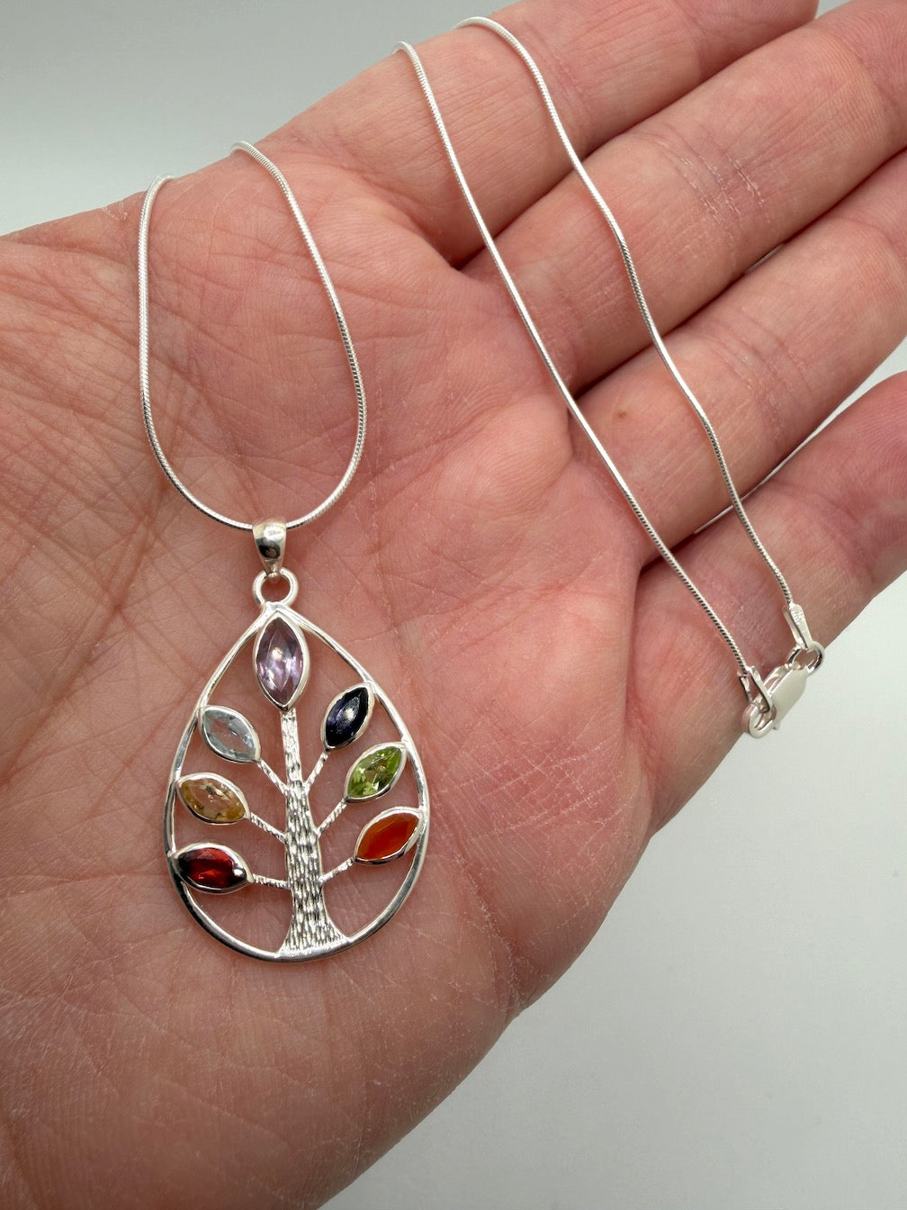 Handmade Multi-Stone Tree of Life Pendant – Sterling Silver Teardrop Necklace with Amethyst, Blue Topaz, Peridot, Aquamarine & Quartz – Nature Inspired Statement Jewelry