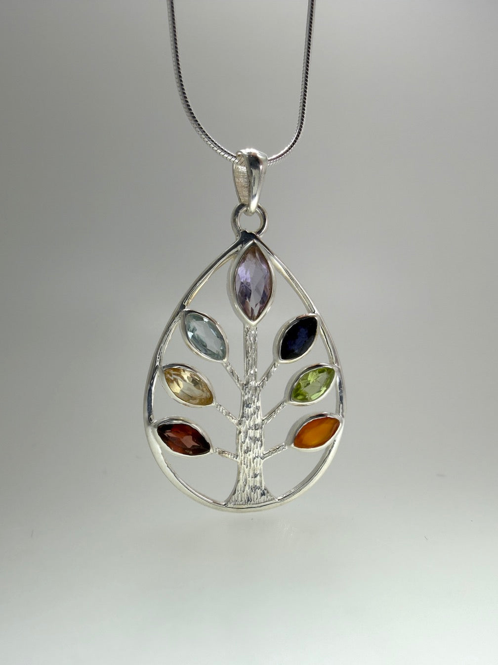 Handmade Multi-Stone Tree of Life Pendant – Sterling Silver Teardrop Necklace with Amethyst, Blue Topaz, Peridot, Aquamarine & Quartz – Nature Inspired Statement Jewelry