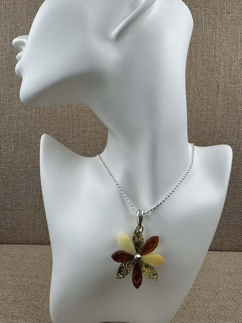 Handmade Multicolor Baltic Amber Flower Pendant - Green, Cognac & Butterscotch - One-of-a-Kind