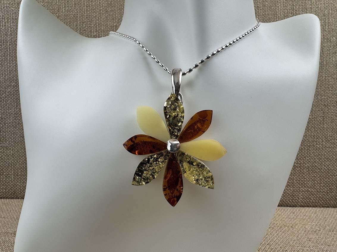 Handmade Multicolor Baltic Amber Flower Pendant - Green, Cognac & Butterscotch - One-of-a-Kind