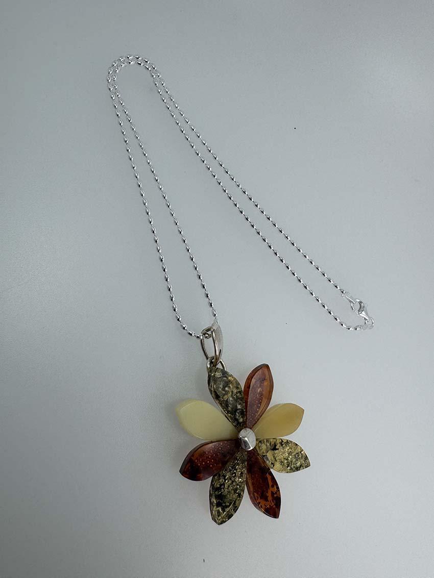 Handmade Multicolor Baltic Amber Flower Pendant - Green, Cognac & Butterscotch - One-of-a-Kind