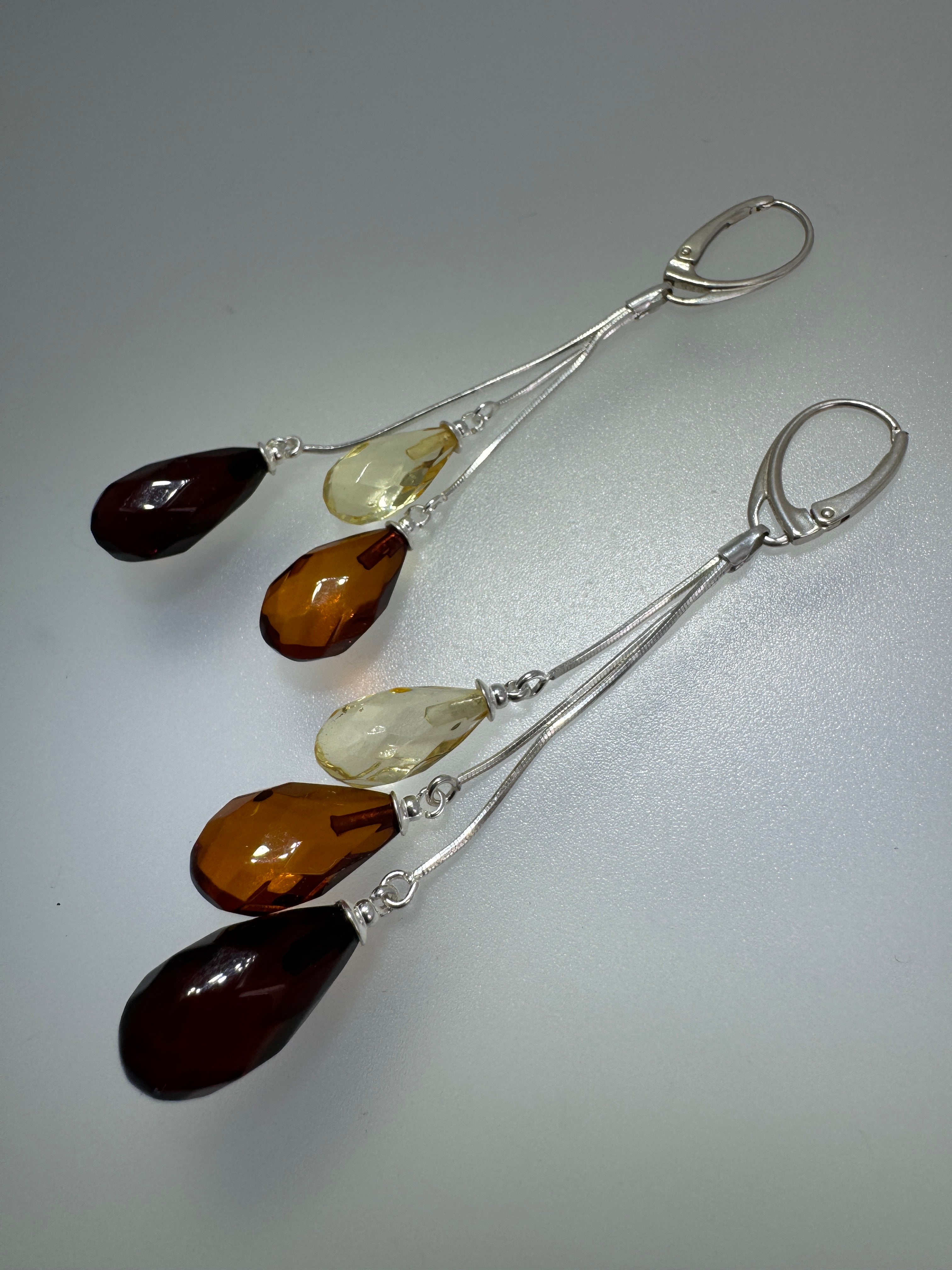 Handmade Multicolor Baltic Amber Ombre Drop Earrings – Sterling Silver Lever Back Dangle Jewelry from Lithuania