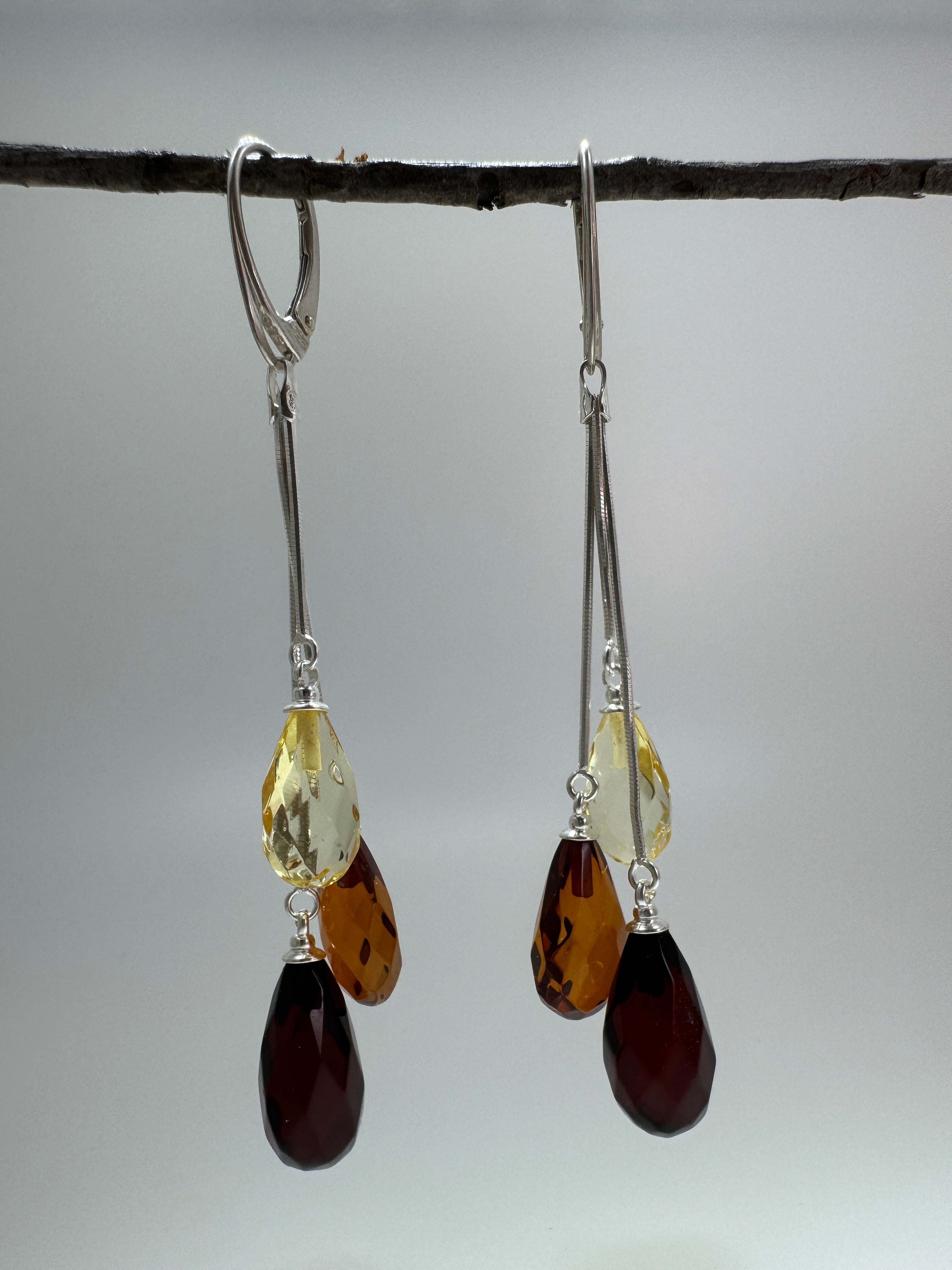 Handmade Multicolor Baltic Amber Ombre Drop Earrings – Sterling Silver Lever Back Dangle Jewelry from Lithuania