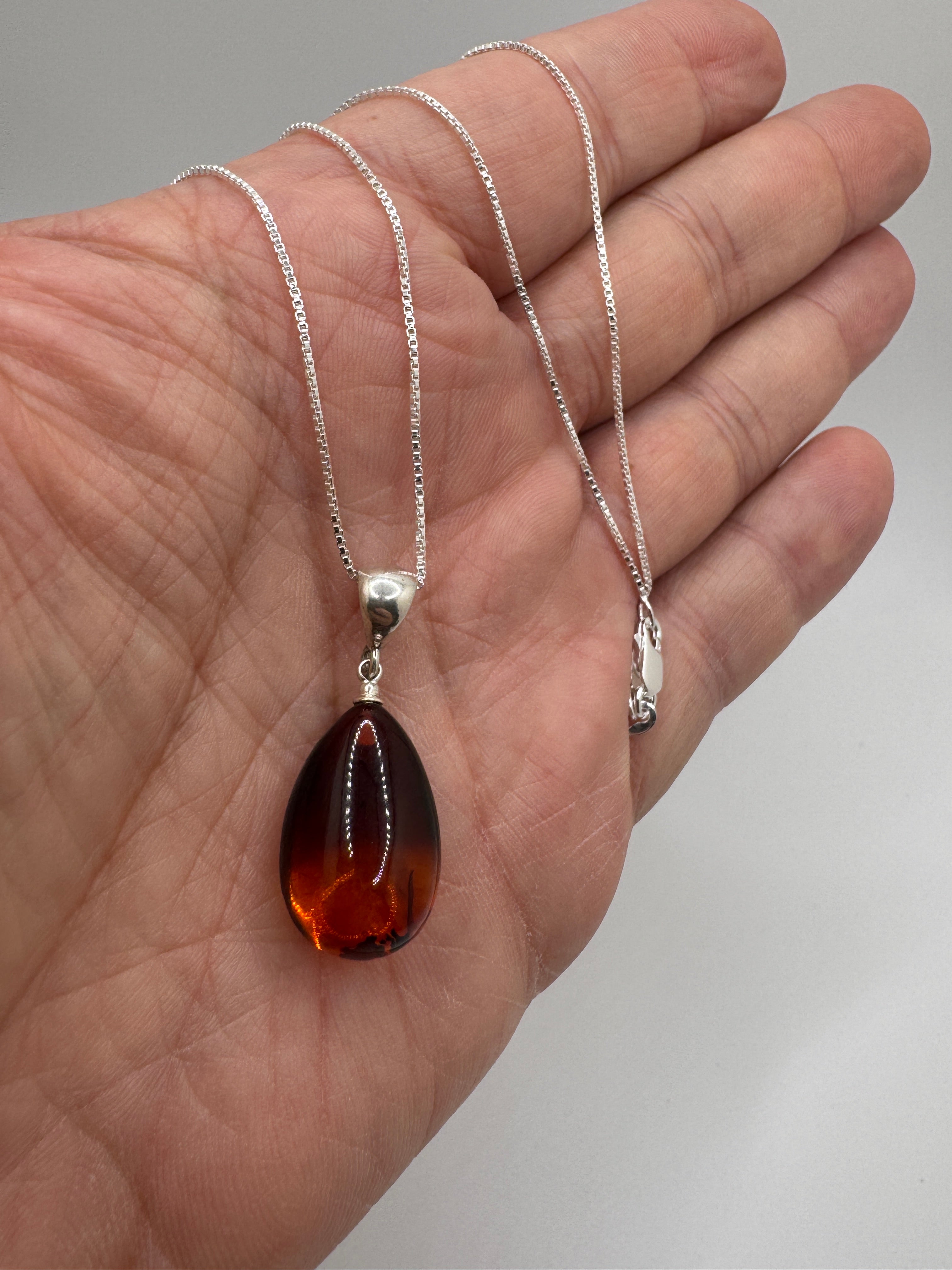 Handmade Ombré Honey to Cherry Baltic Amber Teardrop Pendant Necklace – Sterling Silver Bale & Chain Options