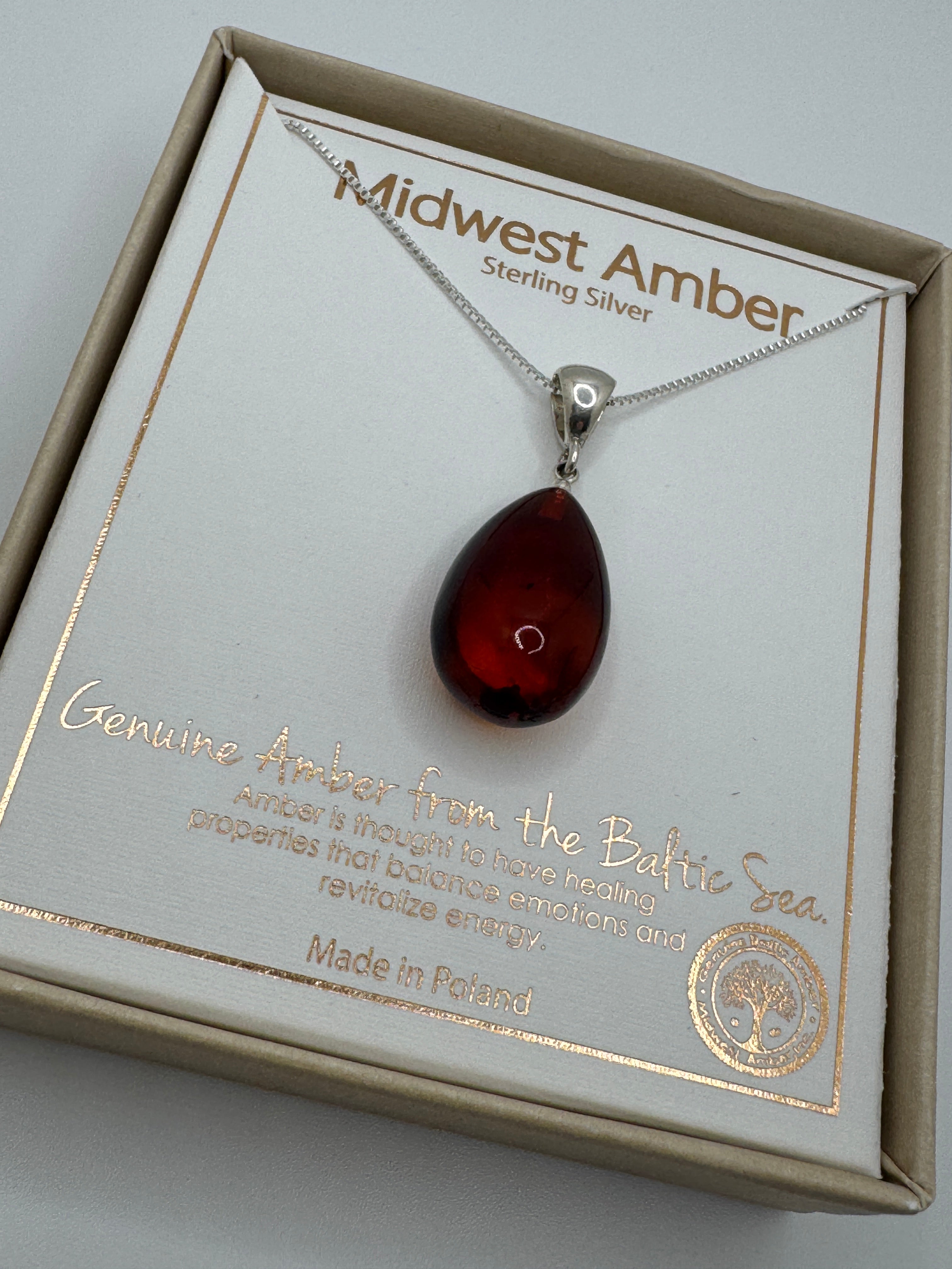 Handmade Ombré Honey to Cherry Baltic Amber Teardrop Pendant Necklace – Sterling Silver Bale & Chain Options